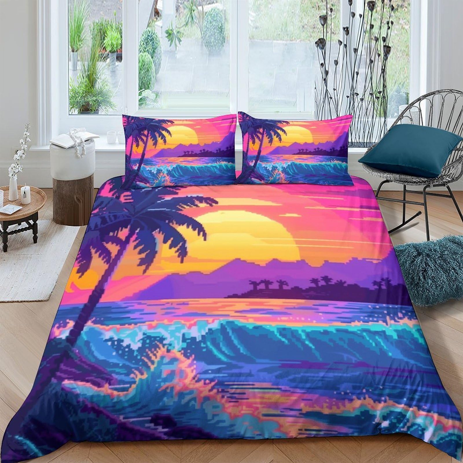 Ctjqhvkz Style-6 3D Printed Sunset Beach Fitted Sheet Microfiber Palm Ocean Mattress Cover Bedroom Decor Protection Easy Care Single（135X200cm）