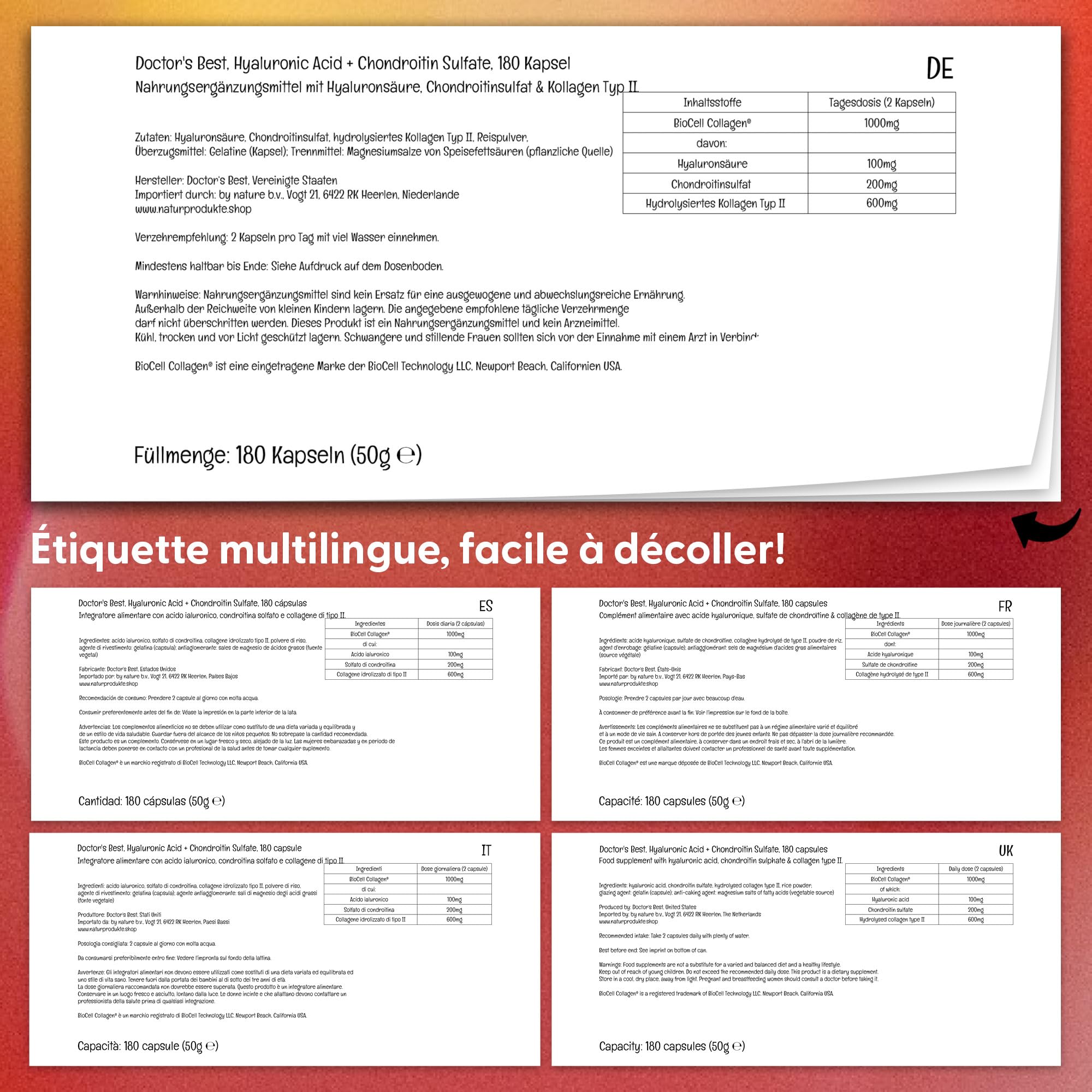 Doctor's Best, Hyaluronic Acid avec Sulfate de Chondroïtine et Collagène, 180 Gélules, Testé en Laboratoire, Sans Gluten, Sans Soja