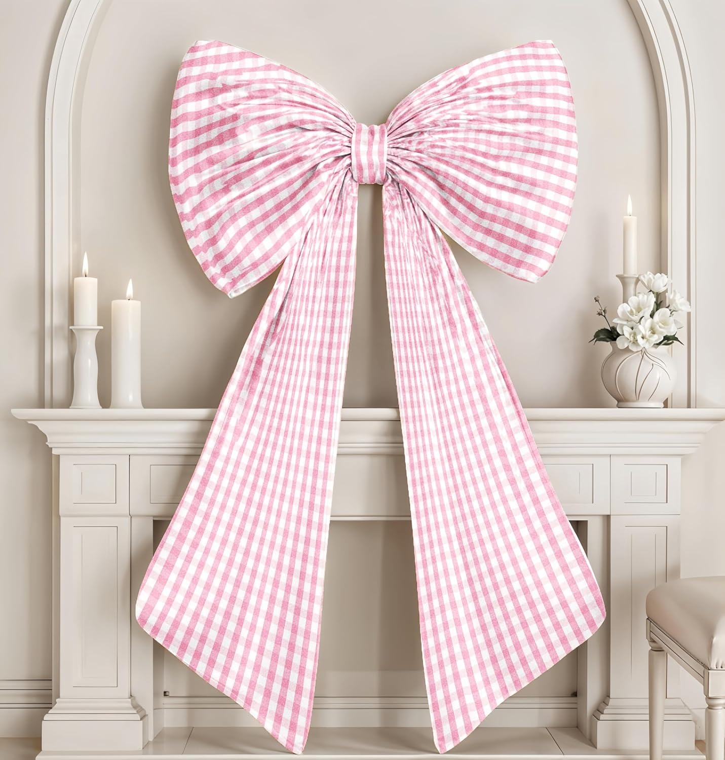 Big Pink Bow Decor Giant Pink White Checkered Coquette Bow for Birthday Party Decorations for Girls, Large Ribbon Tie Hanging Gift Coquette Wall Decor (Textured Cotton, Internal Stability Layer)