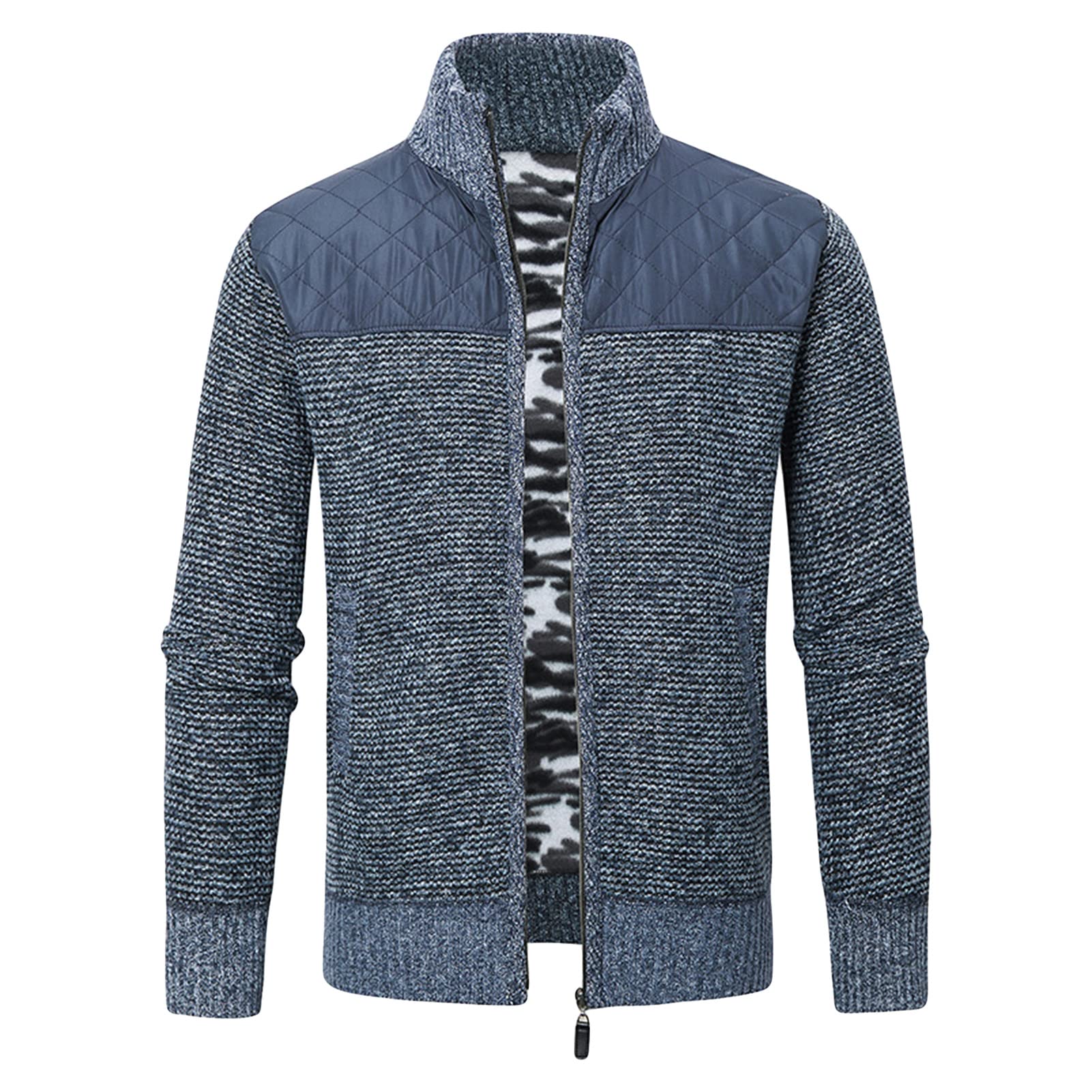 Men Full Zip Casual Knitted Cardigan Slim Color Block Fleece Lined Sweaters Stand Collar Winter Warm Thick Sweater (Blue,Large)