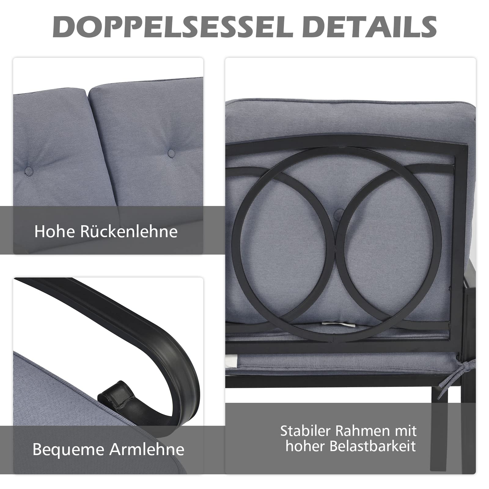 2-zits tuinbank met salontafel, zitbank met kussens, balkonmeubelset, tuinset, balkonset