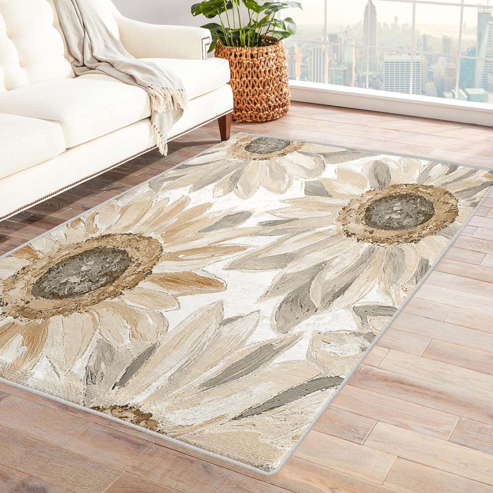 Tzvjxln Sunflower Rugs for Bedroom - Washable Sunflowers Rugs for Living Room - 6x8 ft - Rustic Design Area Rug & Home Decor - Vintage Floral Indoor