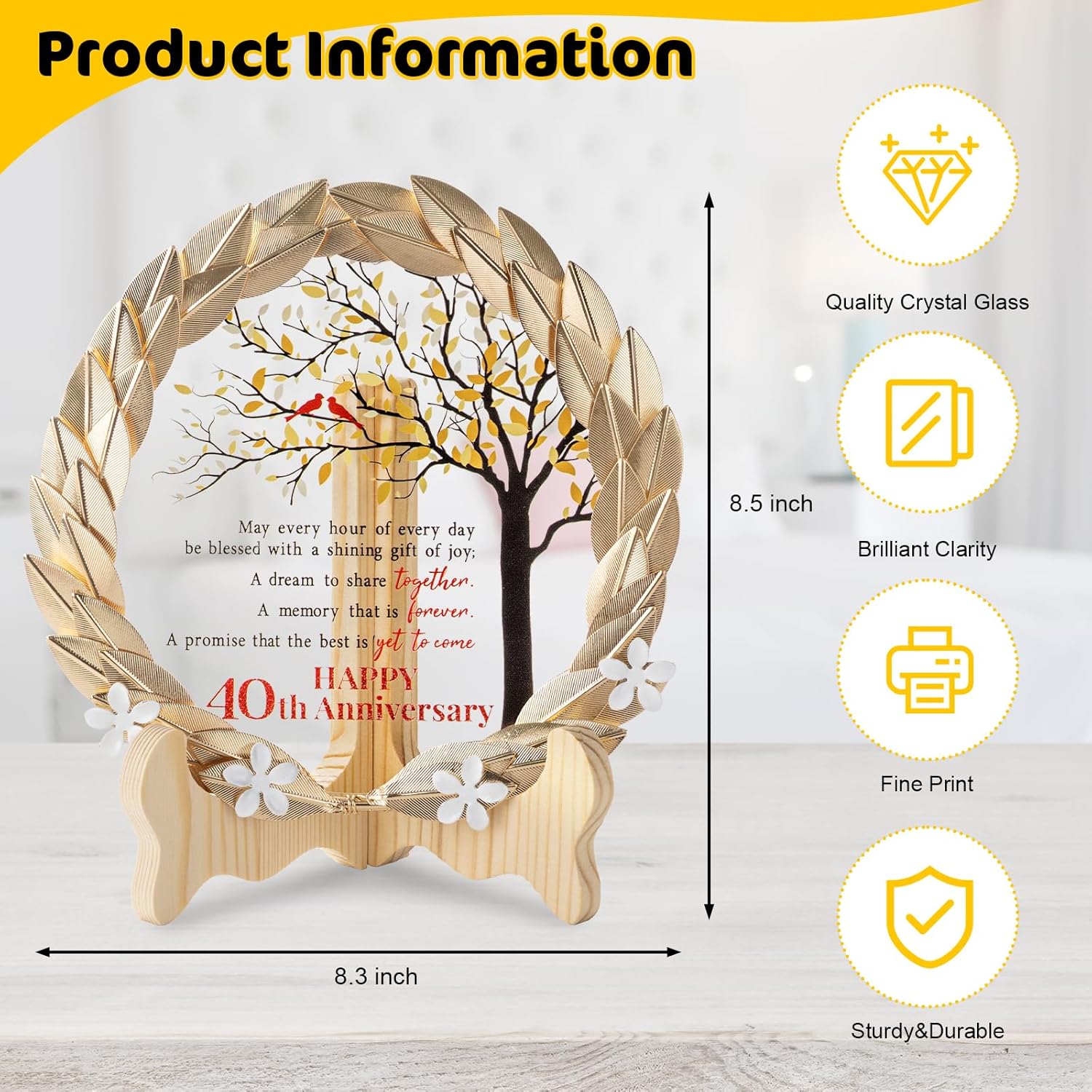 40th Anniversary Wedding Gift Crystal Plate with Gold Leaf Wreath - Happy 40th Anniversary Wedding Decorations Gifts for Parents Couple - 40th Wedding Anniversary Unique Gift