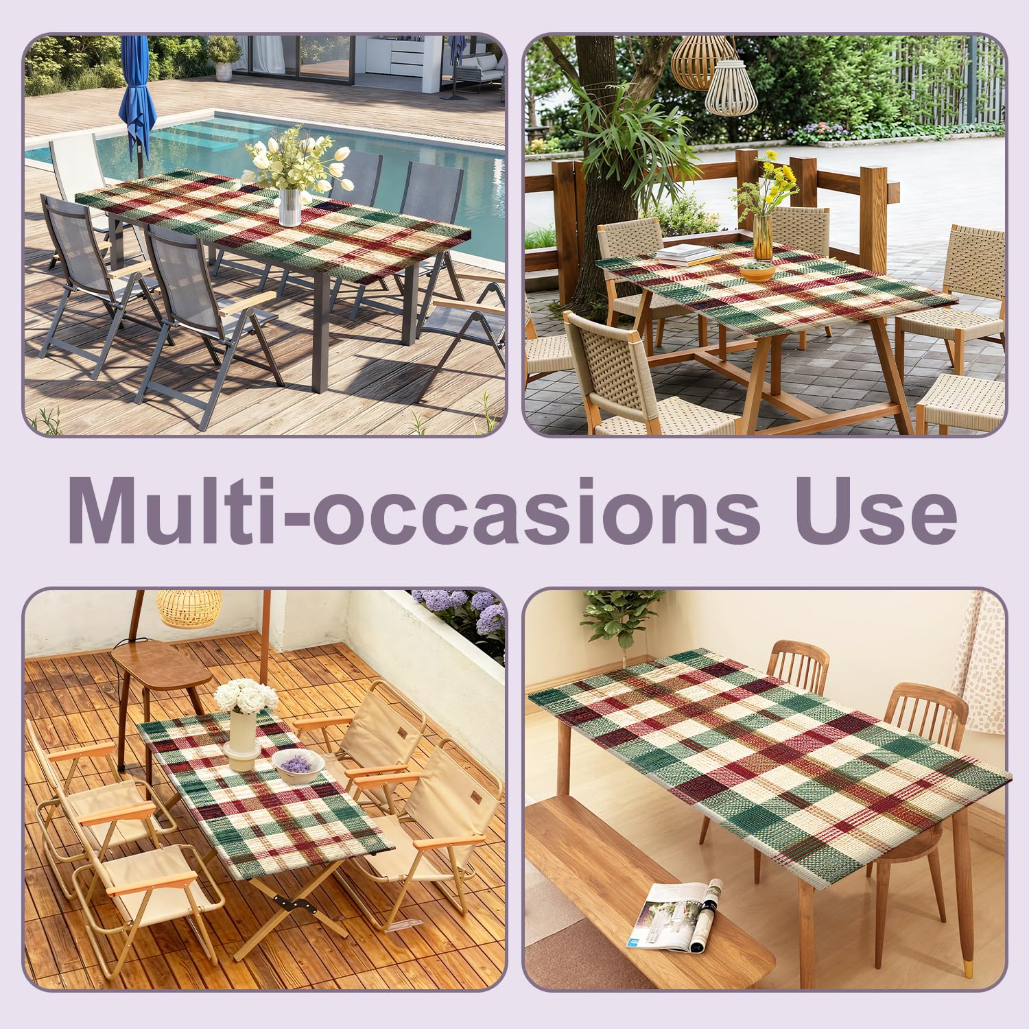 Nappe Table Pique Nique 6FT Carreaux Rouge Vert Lot de 3, Housse Imperméable Extérieur 72"x30" avec Housses Banc