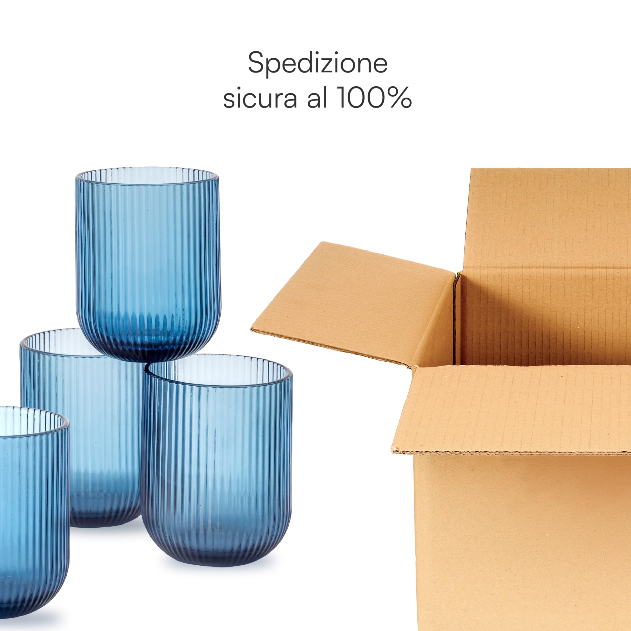 Baroni Home Set 6 pz di Bicchieri in Vetro Colorati e Decorati con Righe in Rilievo 30 CL, Bicchieri Eleganti Lavabili in Lavastoviglie, 8x8x10 cm, Blu