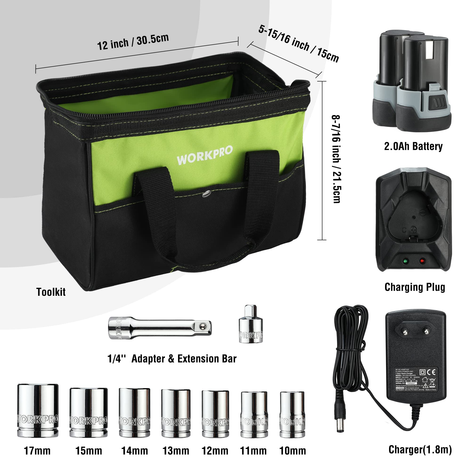 WORKPRO Clé à Cliquet Sans Fil 12V, 3/8" avec 9 Accessoires