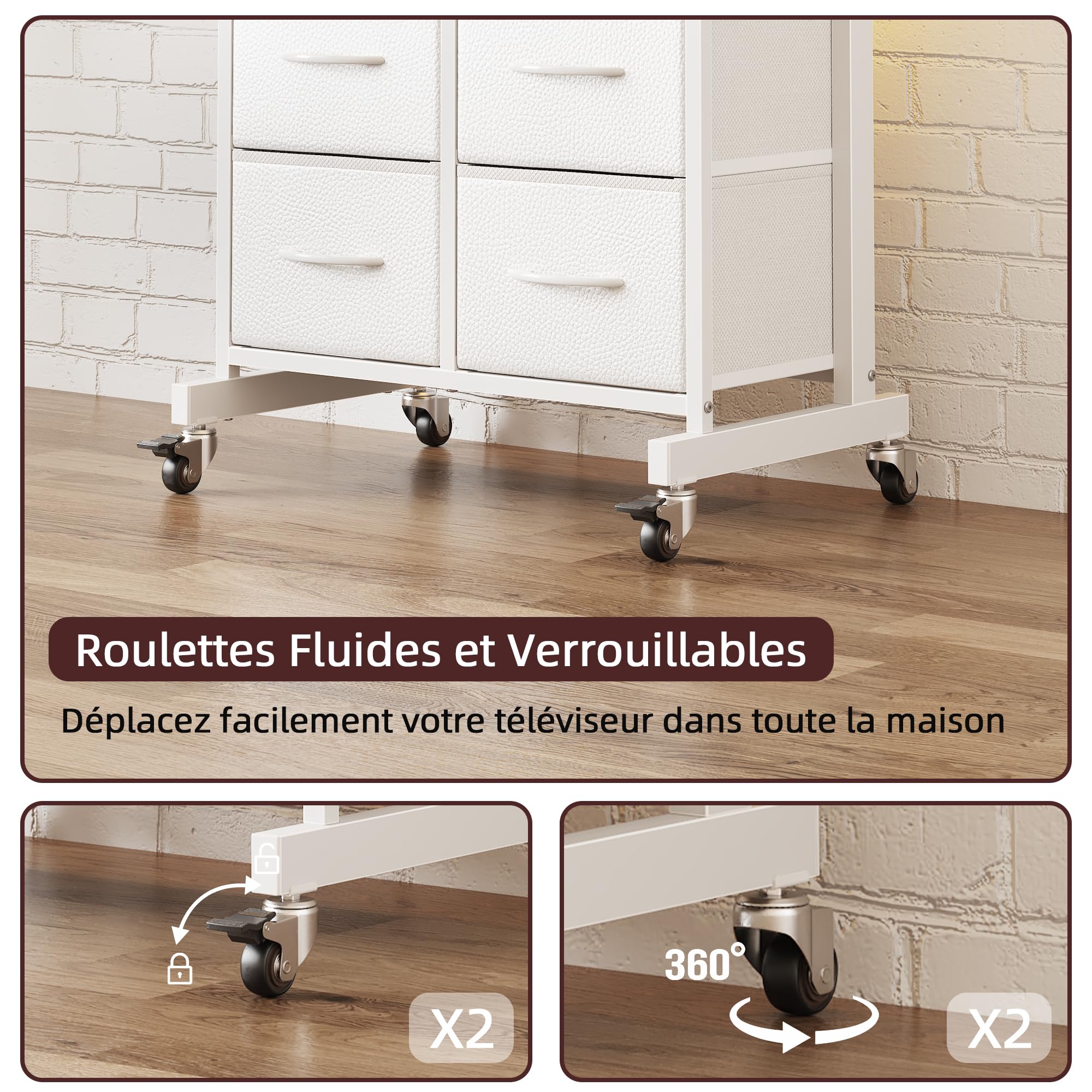 Support TV sur Pied avec roulettes 32-75 Pouces Meuble TV roulettes | Support TV sur roulettes avec LED et Prises Intégrées, Réglable en Hauteur avec 4 Tiroirs, Max VESA 600x400 mm, Blanc