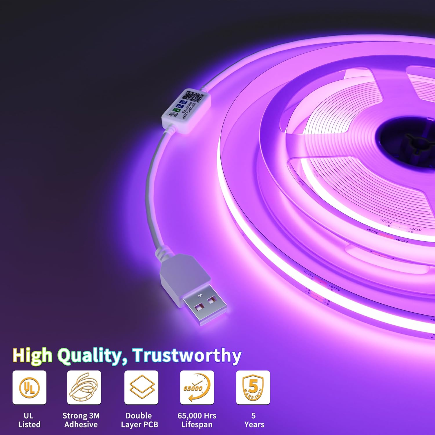 PAUTIX 5V USB COB RGB LED Strip Light 9.84ft/3m Color Changing Light Strips,TV Backlight Multicolor Flexible Under Cabinet Tape Lights with Bluetooth Control for Bedroom,Kitchen,Home DIY Lighting