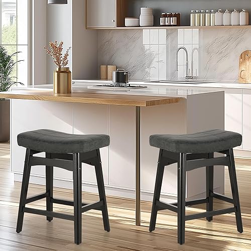 Miniatura 3 de Juego de 2 taburetes de bar de madera maciza color negro para taburetes de bar de altura de encimera de cocina con asiento de silla de montar de