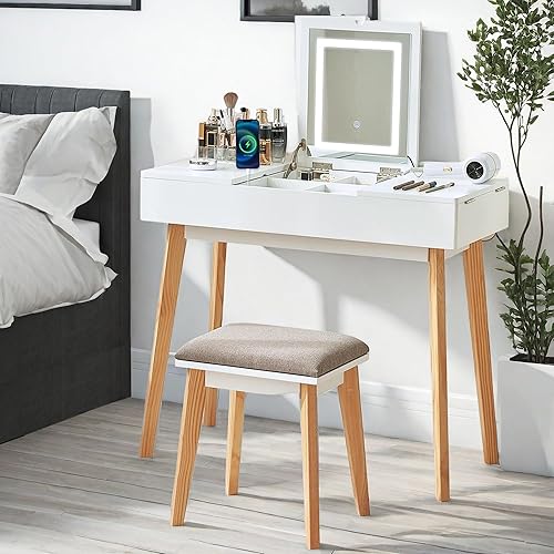 Miniatura 9 de Tocador Pequeño, Tocador Compacto para Niñas con Taburete y Toma de Corriente, Escritorio de Maquillaje con Espejo y Luz LED, Mesa de Tocador