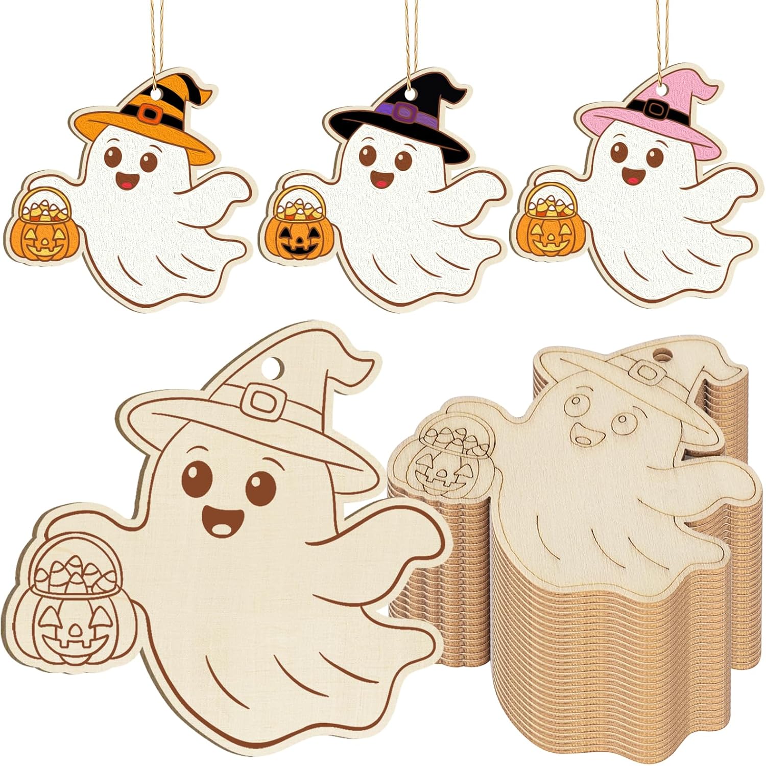 24 PCS Wooden Halloween Ornaments to Paint Fall Decorations Crafts for Kids,DIY Blank Autumn Unfinished Wood Skull Pumpkin Ghost Bat Boo Trick or Treat Halloween Cutouts for Party Hanging