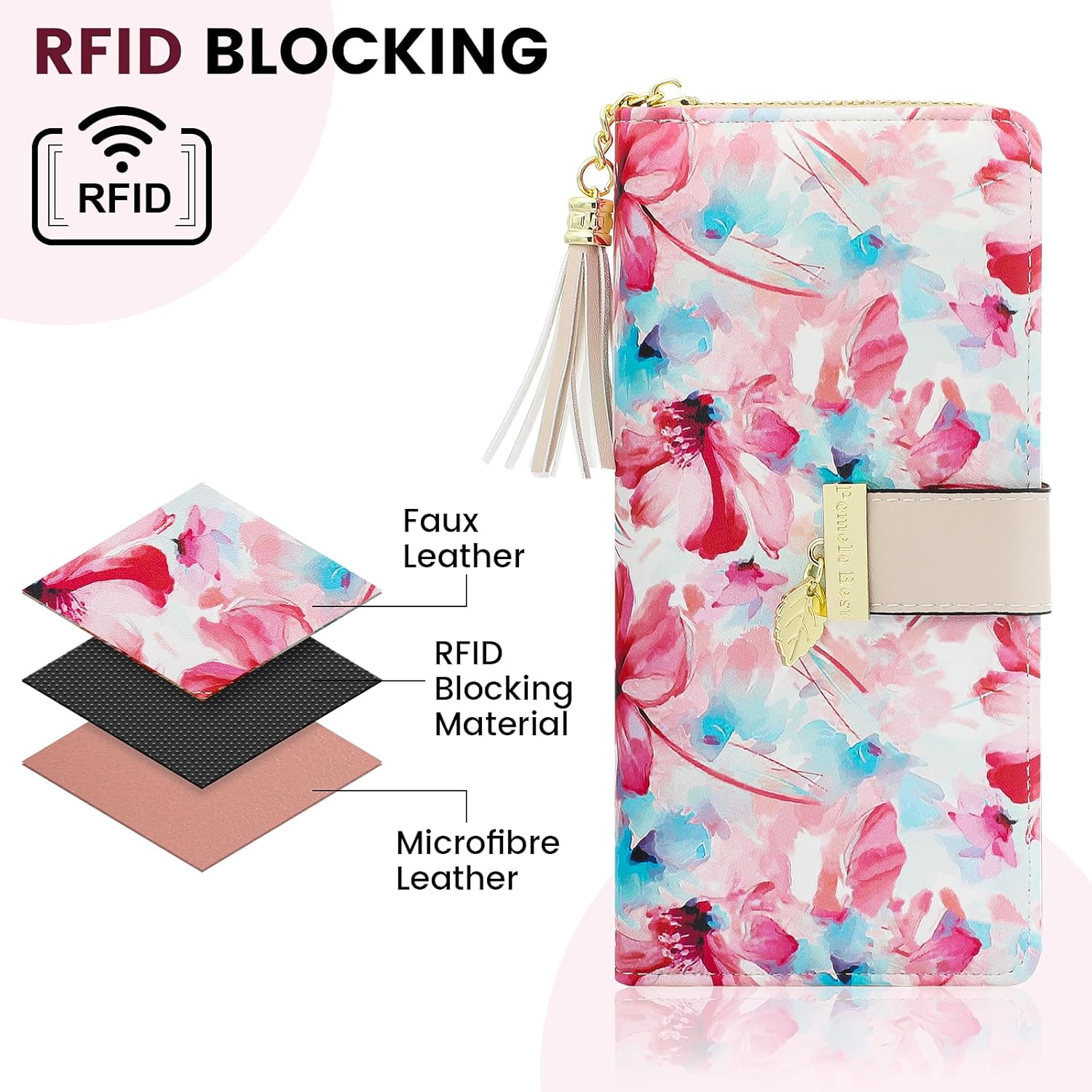 Pomelo Best Womens Wallet RFID Blocking Wallet for Women Bifold Large Capacity Card Holder Ladies Long Purse with ID Window Zipper Coin Pocket Red Lotus - Image 4