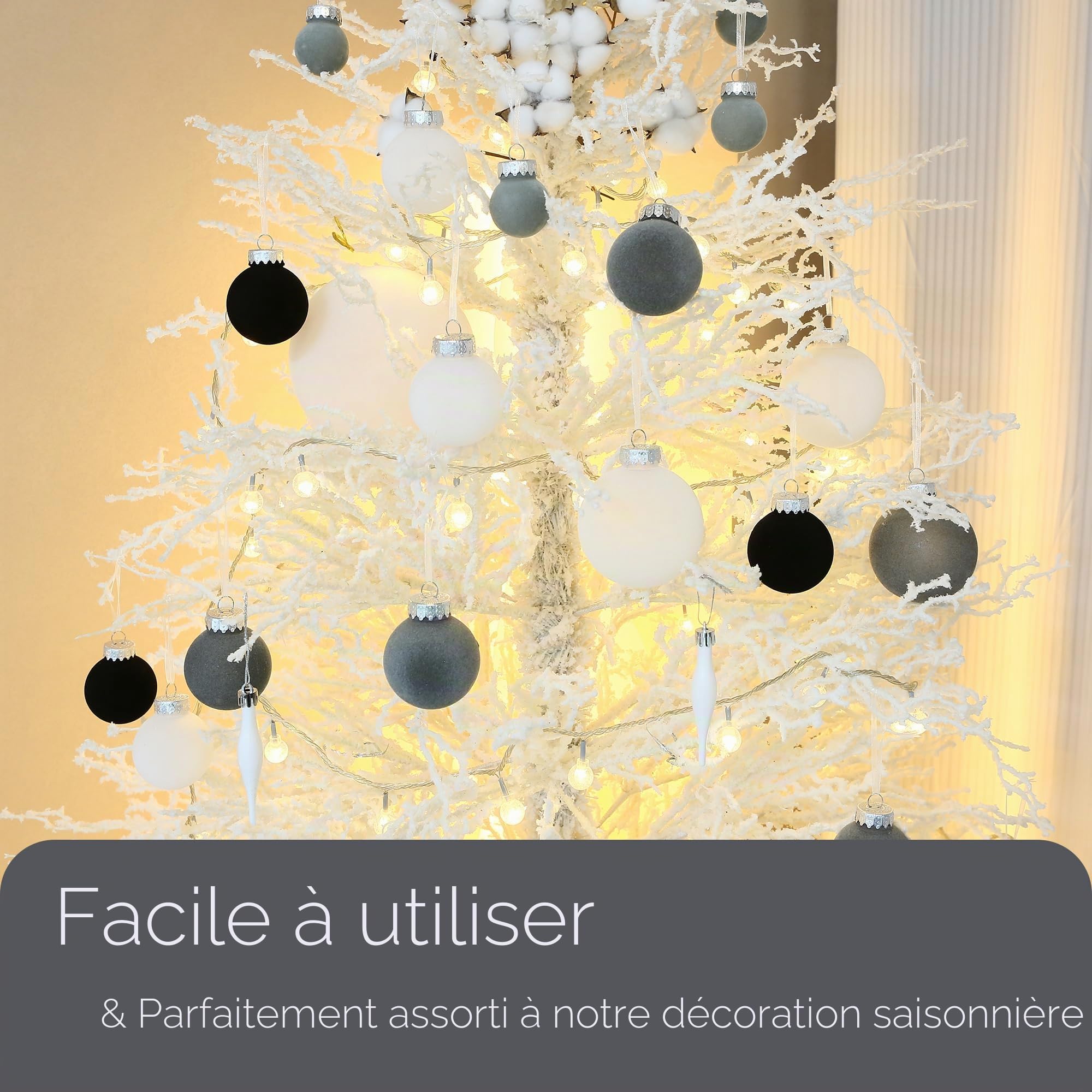 Sea Team 32 Boules Noël Velours incassables multitaille Blanc | Boules en velours floqué incassable, parfaites pour sapin, couronne, guirlande. Idéales pour Noël, mariage, fête.