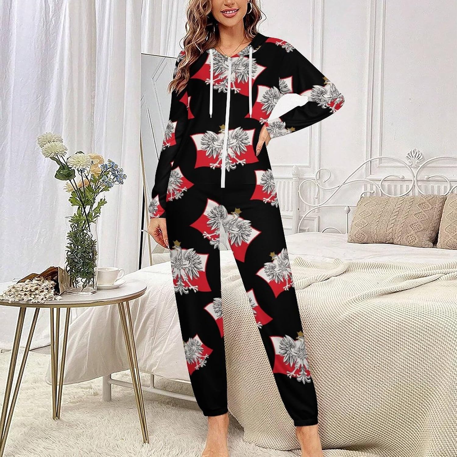 Polish Eagle Flag Adult Pajamas Onesie with Hood Pocket Jumpsuits One Piece Sleepwear