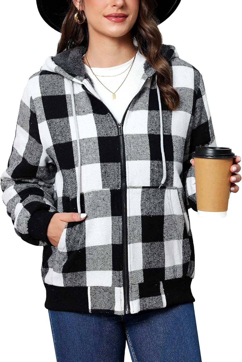 Shawnda Women's Flannel Casual Plaid Full Zip Up Sherpa Lined Hoodie Jacket Coat with Pockets - Image 2