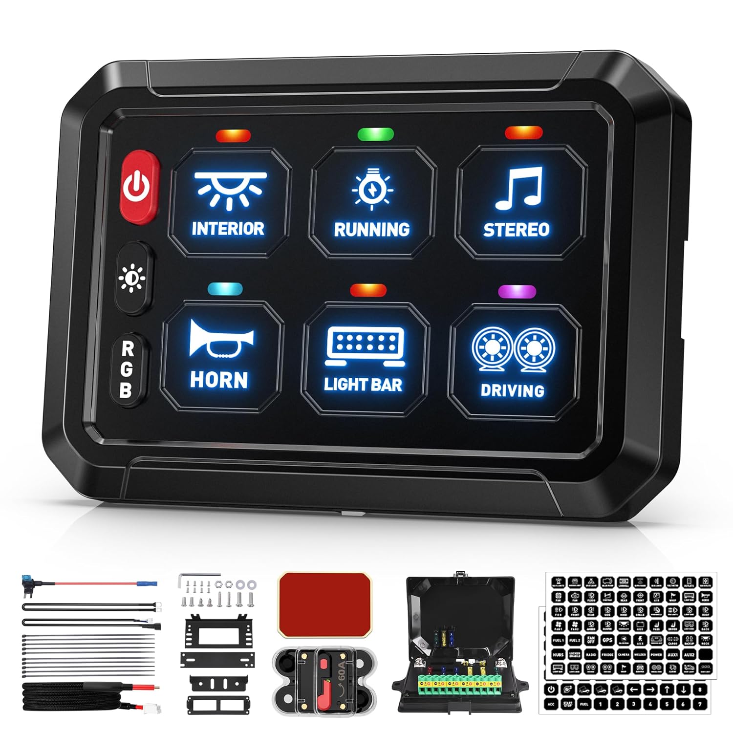 BUMBEE 6 Gang Switch Panel RGB 6-Level Brightness Switches， High Power 3 Silicone Button， Multifunction Toggle Switch Box Circuit Control Relay Momentary Golf Cart Truck SUV RV Offroad Marine