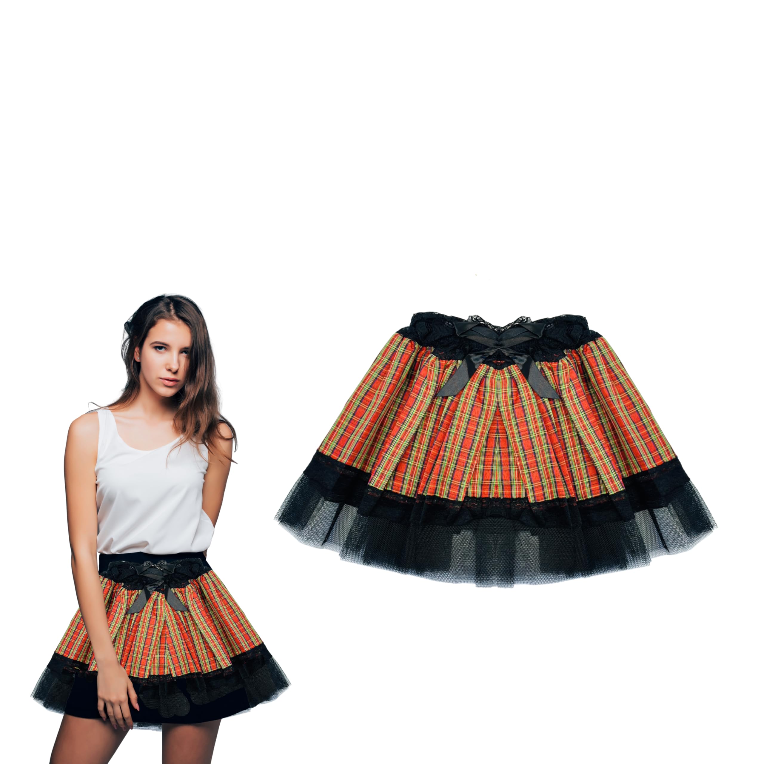 Lizzy Girls Red Tartan Tutu With Lace Trimming & Satin Bow | 12" Length Tartan Pleated Tutu Skirt Scotlandscottish Goth Punk Mini Ladies Burns Night Fancy Dress Outfit Accessories