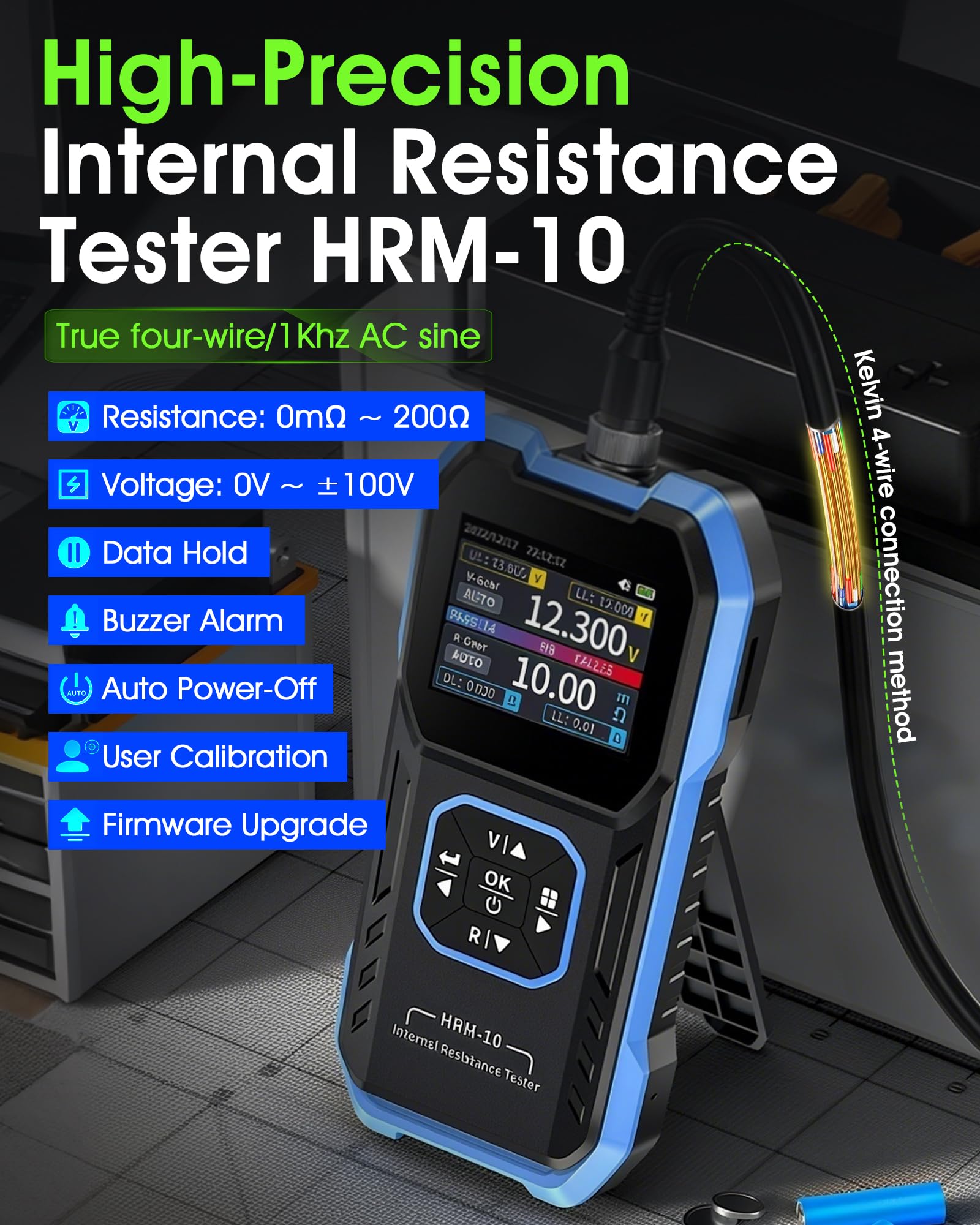 HRM-10 Batterie-Innenwiderstandstester, 4-Draht Autobatterie-Analyzer & Spannungsmesser, 0-100V 0-200Ω, mit Sortiermodus, Auto/Manuell Bereich für Kfz, Li-Ion, Blei-Säure