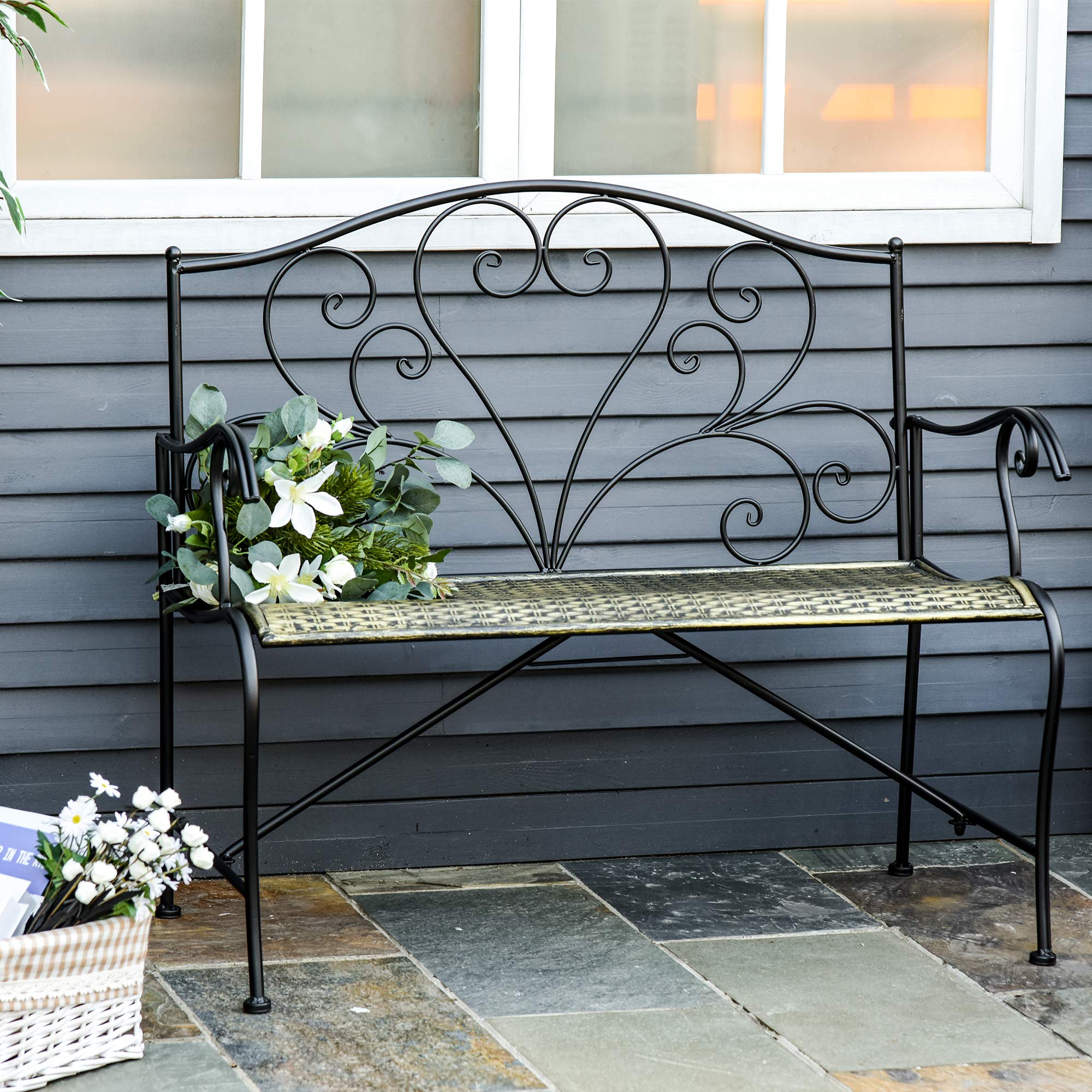 Outsunny Panchina da Giardino in Ferro, Panca da Esterno in Stile Vintage 2 Posti, 100x 50x88cm, Nero