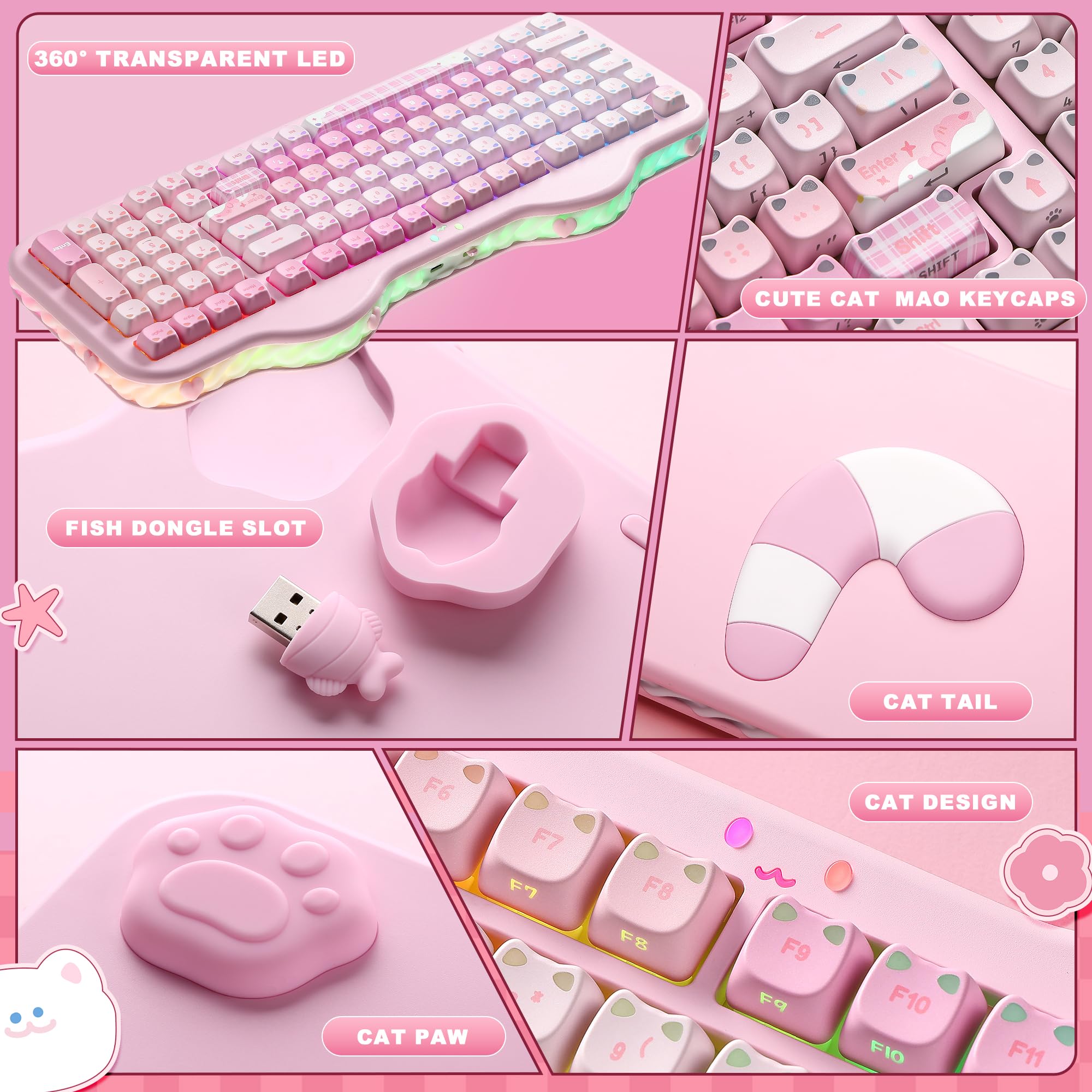 YUNZII C98 Klawiatura mechaniczna (Różowy, Milk V2 Linear Switch) | BT5.0/2.4G/USB-C, Hot Swap Gasket Mount, przezroczyste MOA keycapy, RGB, motyw Cake, Win/Mac