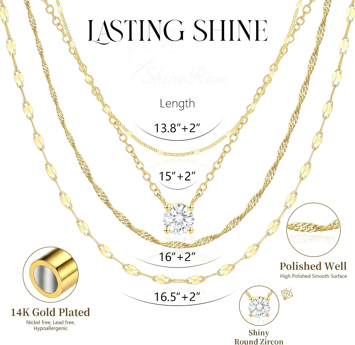 Layered Necklaces For Women 14K Gold Plated Stackable Chain Choker Dainty Silver Layering Necklace Cubic Zirconia Pendant Set Simple Jewelry