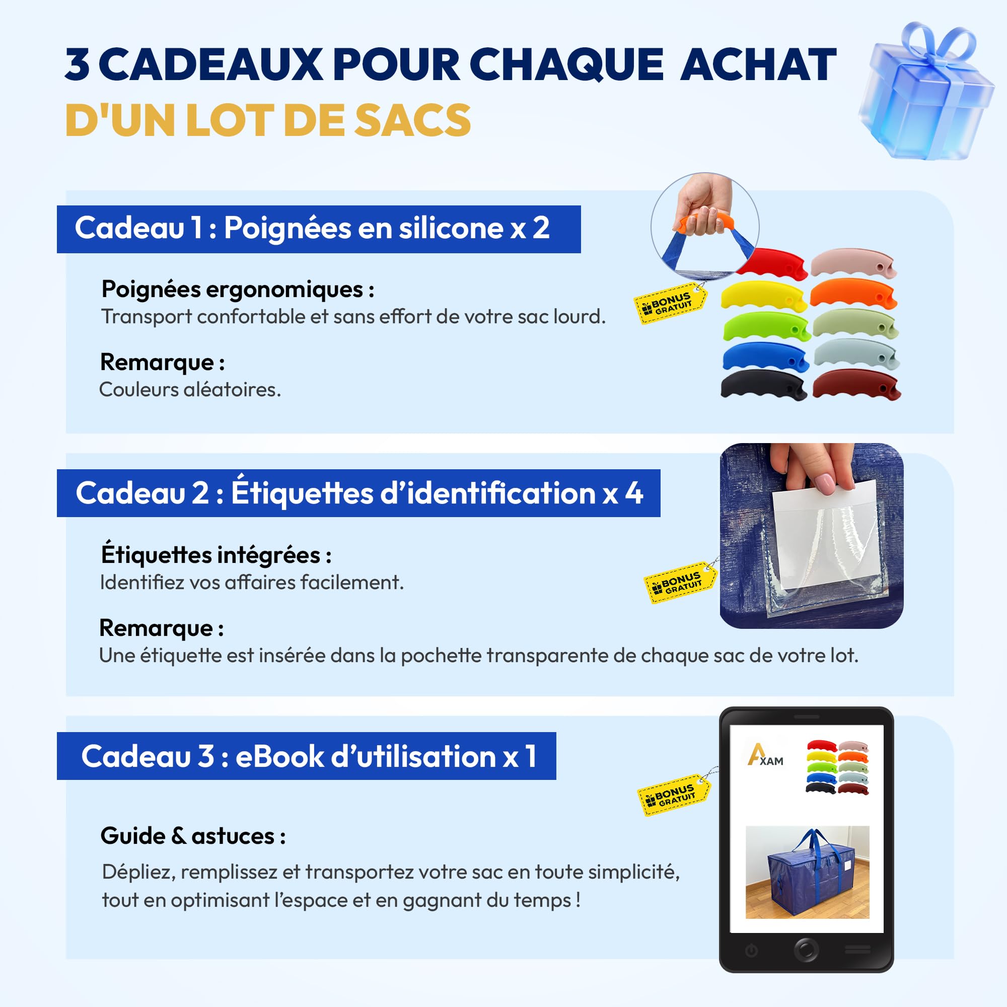AXAM Sac de Déménagement XL 91 L [Lot de 4] – Sac de Rangement Ultra Résistants avec Poignées Confort en Silicone – Alternative Écologique au Carton – Pliables, Imperméables et Empilables