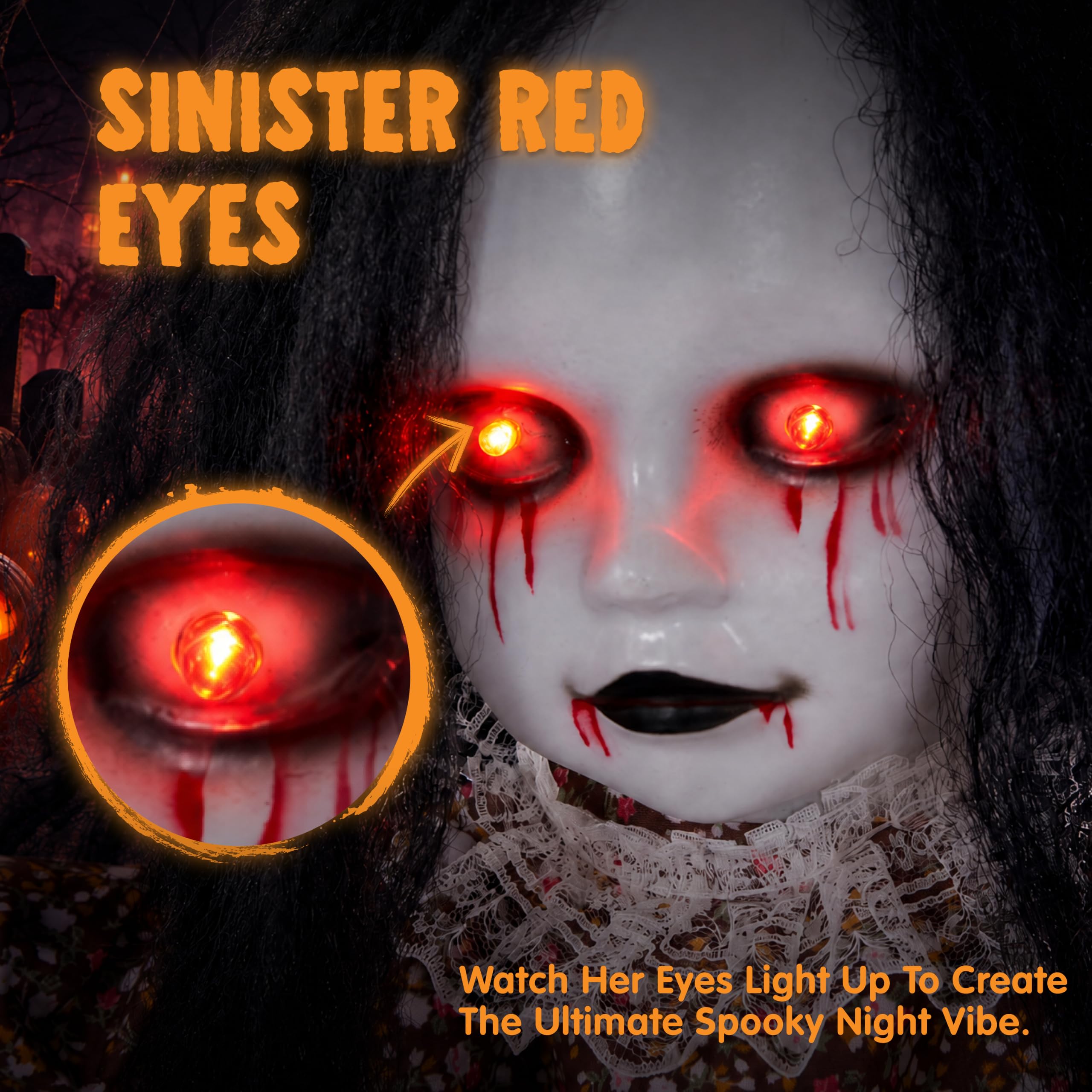 JOYIN Gruselige Halloween-Dekoration für draußen: Hängendes, schwingendes Mädchen, geräuschaktivierter Sensor, leuchtende Augen und gruseliger Gesichtsausdruck, hängende