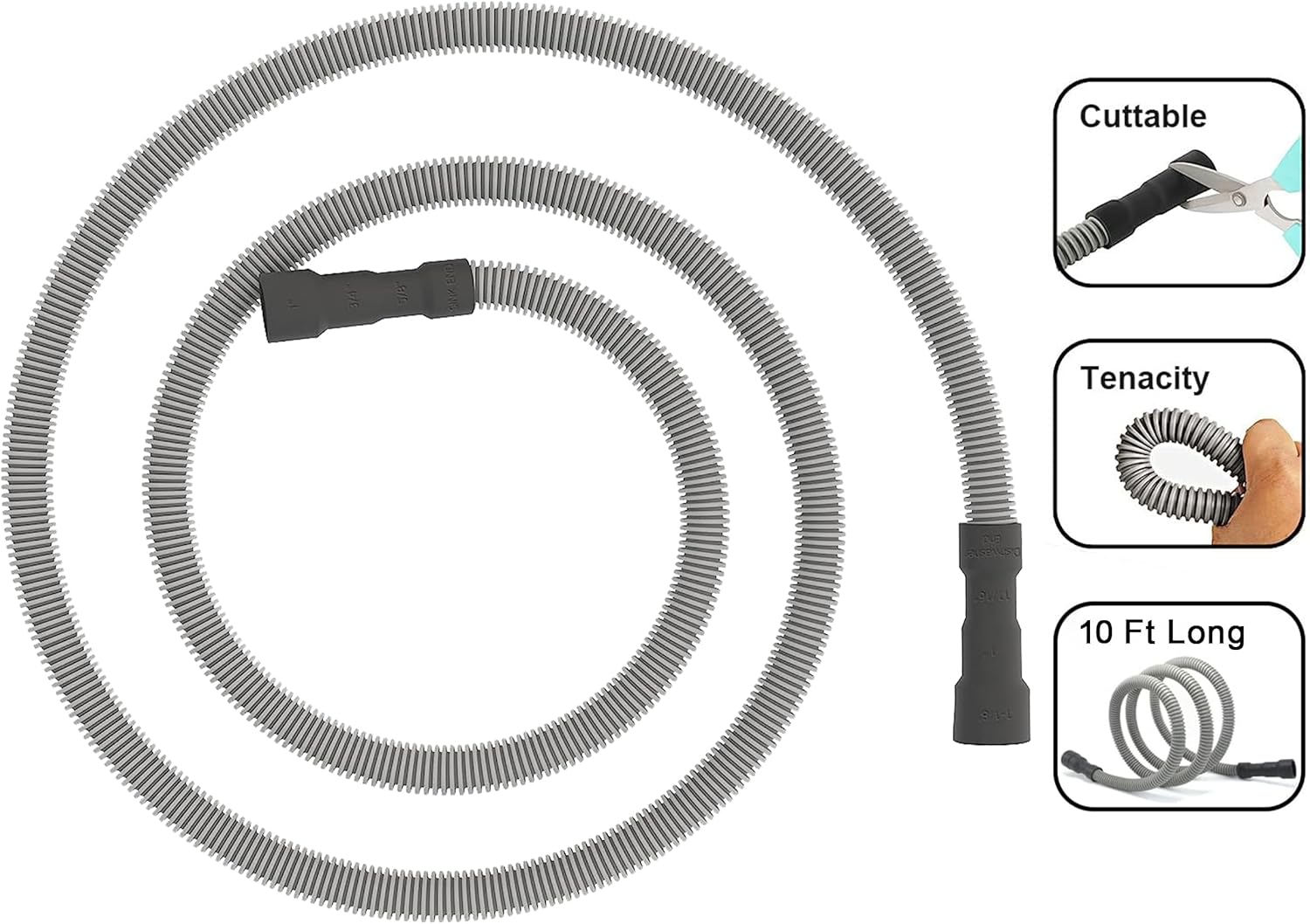 MyLifeUNIT Universal Dishwasher Drain Hose, 10 Ft Dishwasher Discharge Hose Extension, Corrugated and Flexible Dishwasher Hose Drain Replacement with 2 Clamps, Fits 11/16,1 and 1-1/8