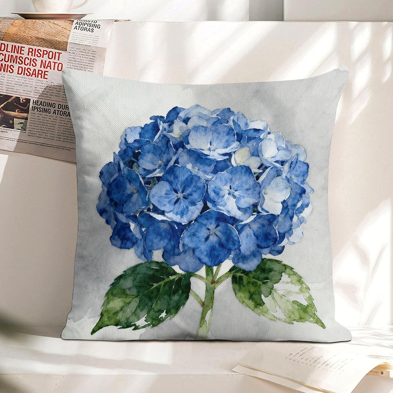 Blue Hydrangea Pillow Protectors Cute Waterproof Pillow Cover Soft Skin-Friendly Cushion Case Decorative Square Cushion Cover for Couch Sofa Bed Living Room Bedroom