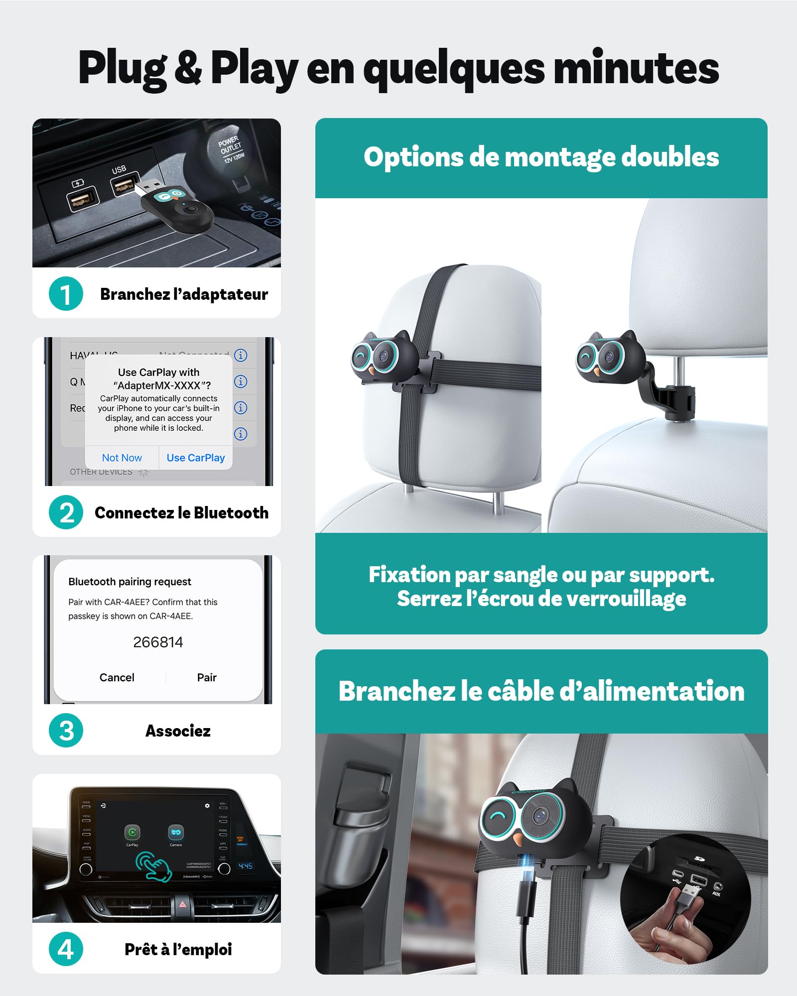 OTTOCAST Cabin Care 2026 Adaptateur CarPlay sans Fil 2-en-1 avec Caméra 1080P pour Bébé/Enfants/Animaux, 150° Grand Angle, Vision Nocturne IR, Compatible Voitures CarPlay Câblé 2016+
