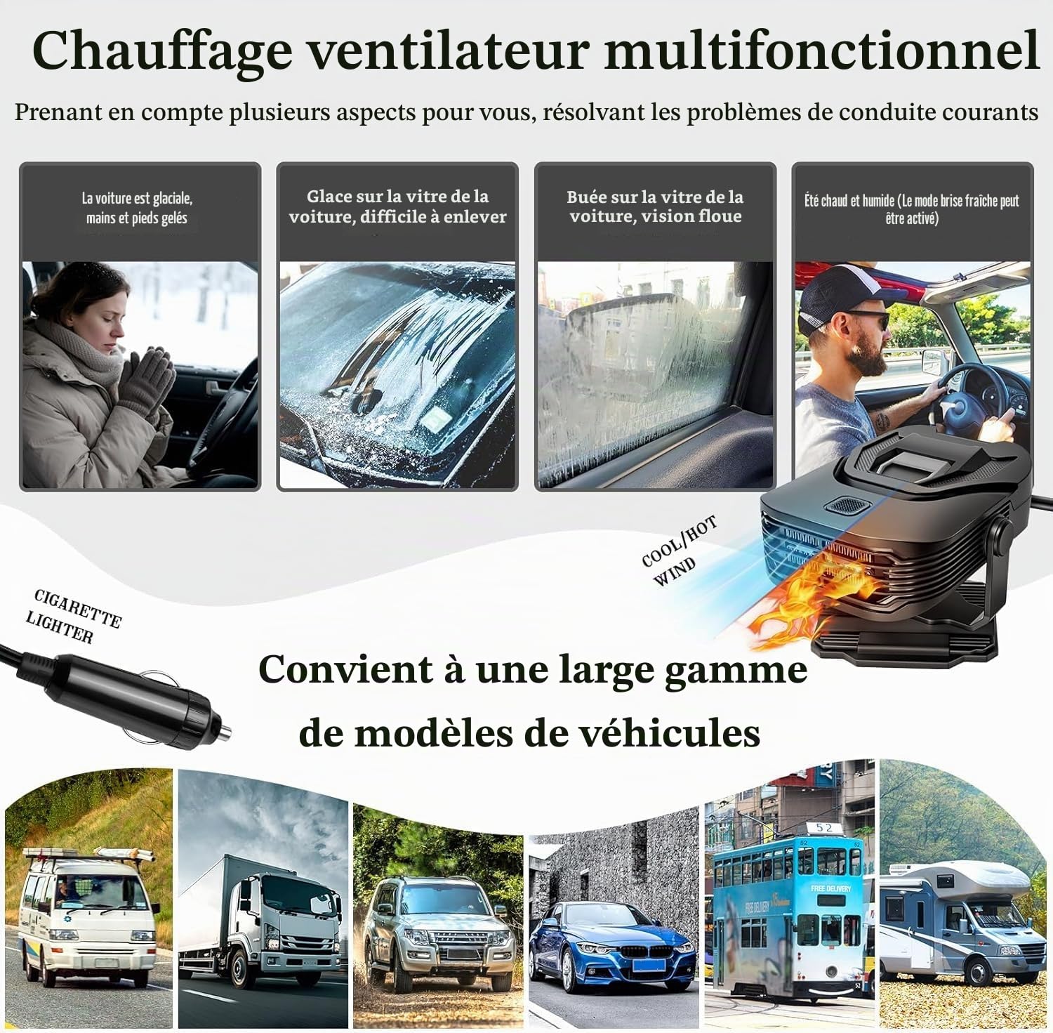 Chauffage de voiture, 2 en 1 Chauffage et refroidissement rapide avec dégivrage et désembuage, support à aspiration à rotation 360°, prise allume-cigare pour tous les pare-brise de voiture