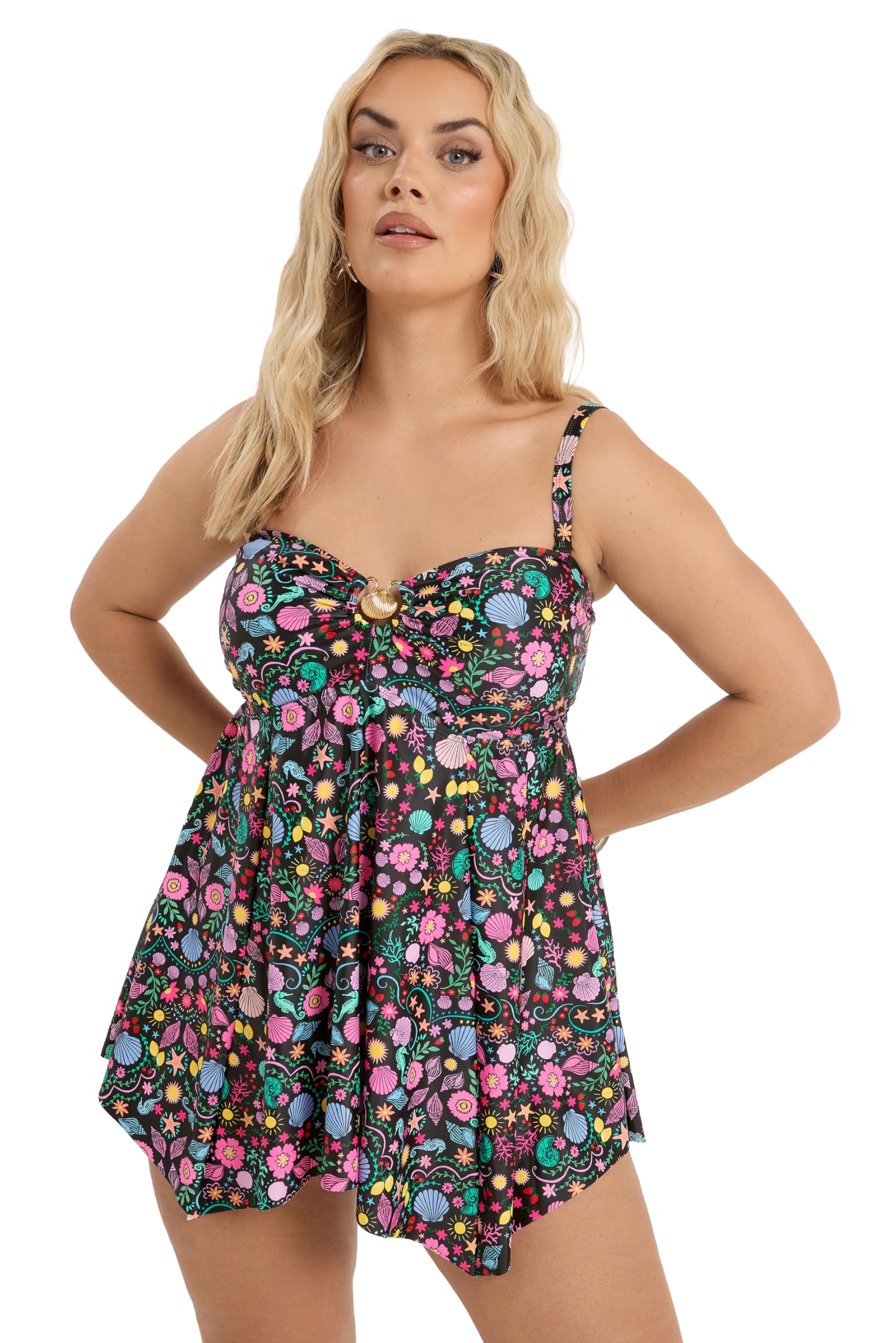 Yours Curve Shell Print Tankini Top - Women's - Plus Size Curve Black