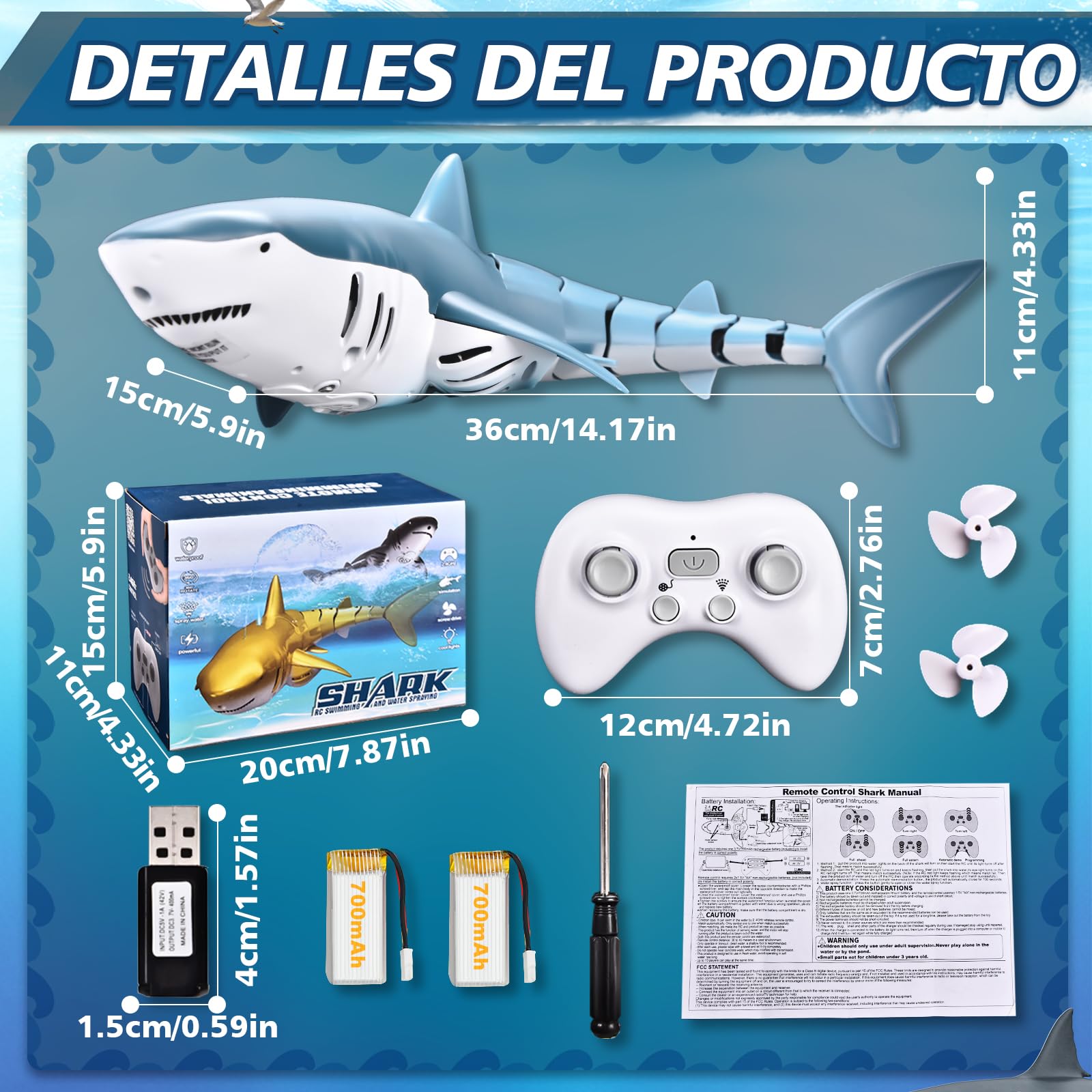 YOOHBERRYS Tiburon Teledirigido, 2.4GHz Tiburon Teledirigido Acuatico, RC Barco Tiburón con Luces y Chorros de Agua, Juguete de Piscina Regalo para 6+ Años Niño Niña