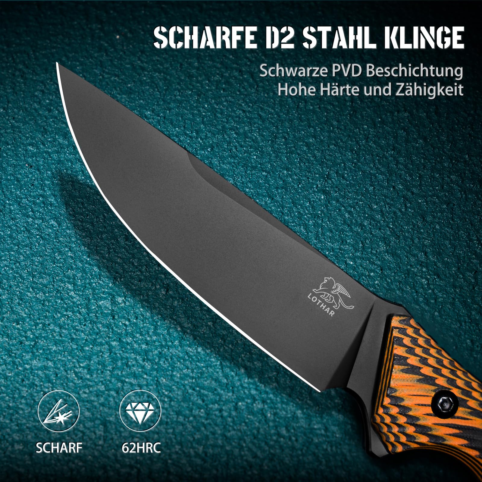 LOTHAR FOX Jagdmesser aus D2 Stahl, Outdoor Messer mit G10 Griff, Full Tang, Zweifarbiges Outdoor Messer Survival, Fahrtenmesser, für Outdoor Liebhaber und Abenteuer