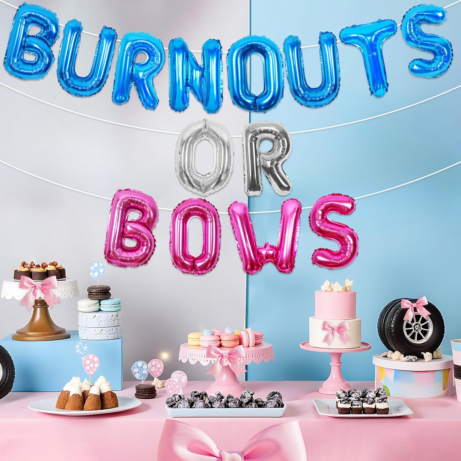Burnouts or Bows Gender Reveal Decorations Burnouts or Bows Foil Balloon Banner Blue Car Wheel and Pink Bow Tie Party Decoration for He or She Baby Shower Gender Reveal Baby Shower Supplies - Image 3