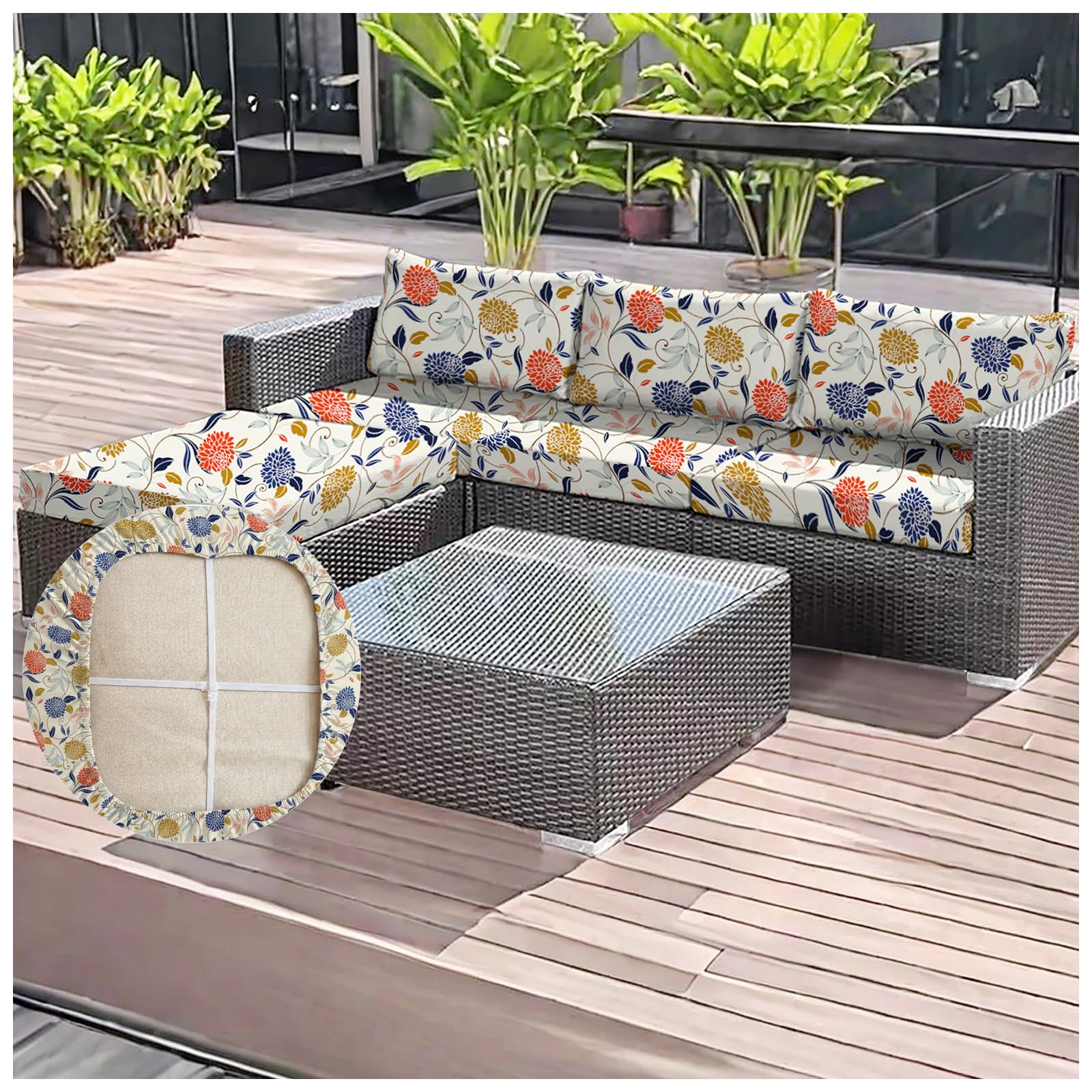 OREZAUQS 2/3/4 Pack Stretch Patio Cushion Covers | Water Resistant Outdoor Cushion Slipcovers | Washable Furniture Protector, Multiple Printed Patterns (K,S (4 PCS))