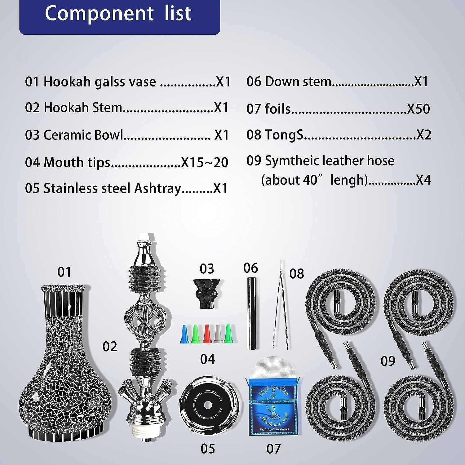 Narghile Completo, Set completo di narghiello con 4 tubi, grande kit Shisha da 56 cm per fino a 4 persone con tutto incluso, ciotola in ceramica | Tubo Premium | Bellissimo vaso in vetro (Nero MP2)
