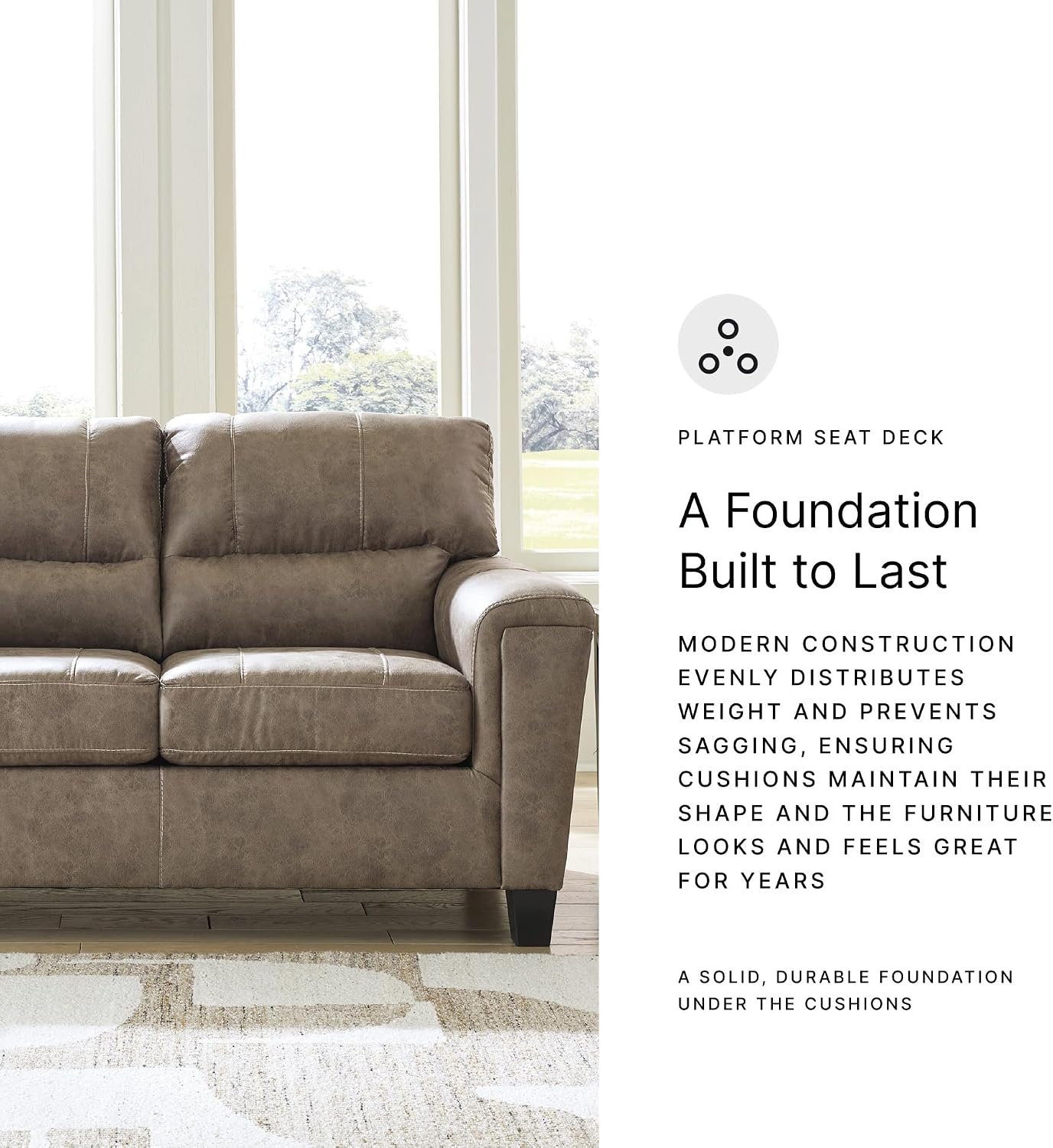 BOWERY HILL Contemporary Loveseat, Faux Leather Upholstery, Fossil Color, 61" W x 38" D x 39" H, Corner-Blocked Frame, High-Resiliency Foam Cushions, Attached Back, Living Room Seating for 2