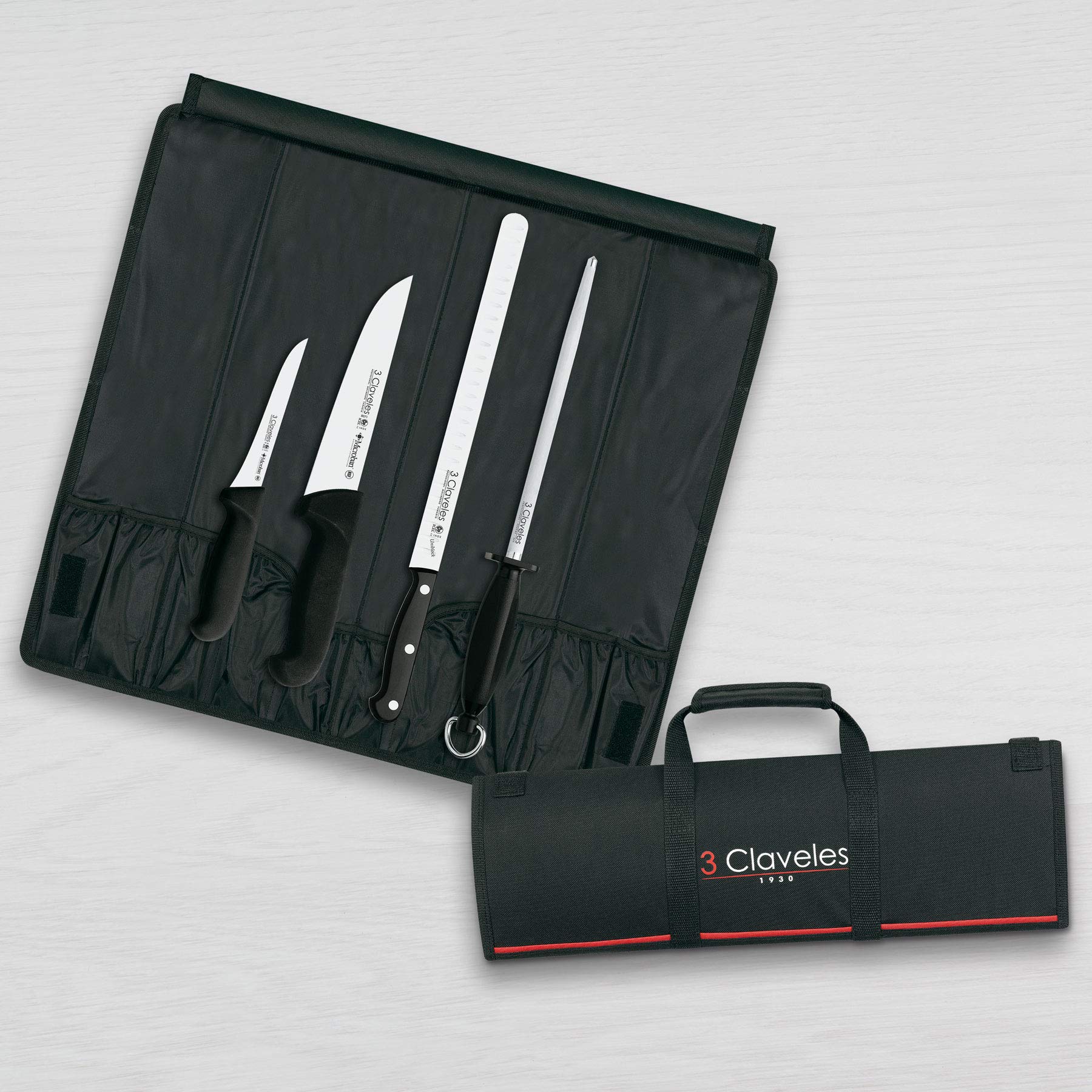 3 Claveles Set de 3 Corte de Jamón Profesional, Incluye Cuchillo Carnicero, Deshuesador y Jamonero Alveolado, Chaira y Estuche Portacuchillos, Tela, Negro, 0 cm