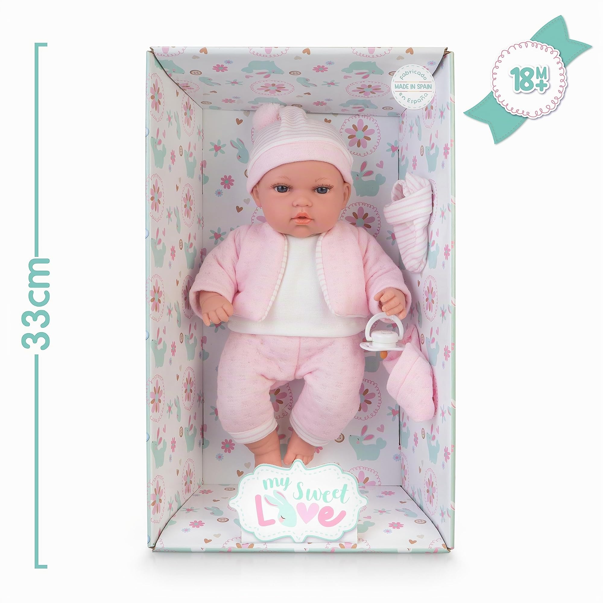 My Sweet Love - Elegance bambola 33 cm neonato che piange, vestiti e accessori rosa lavorati a maglia, ciuccio, prodotto in Spagna, per bambine/I da 2 anni, Famosa (MYW01000)