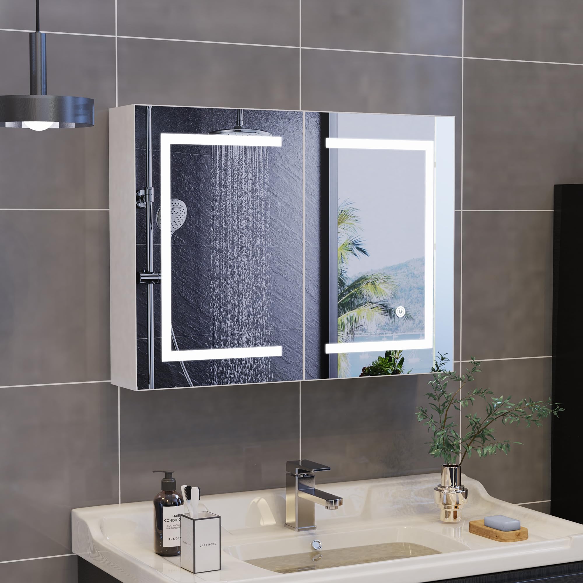 Lustro łazienkowe LED, szafka na leki, lustro ścienne, 2-drzwiowa szafka do przechowywania, regulowana półka, ściemnialna i 3 kolory, przeciwwybuchowe szkło hartowane HD, białe