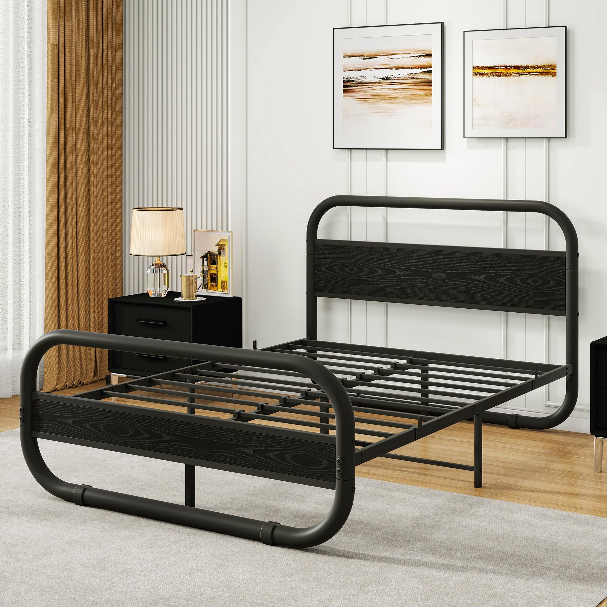 HOMERECOMMEND Metalowe łóżko 120 x 200, rama łóżka z metalu i drewna ze stelażem, rama łóżka 120 x 200 cm z zagłówkiem, owalne łóżko platformowe z miejscem do przechowywania pod łóżkiem, czarne