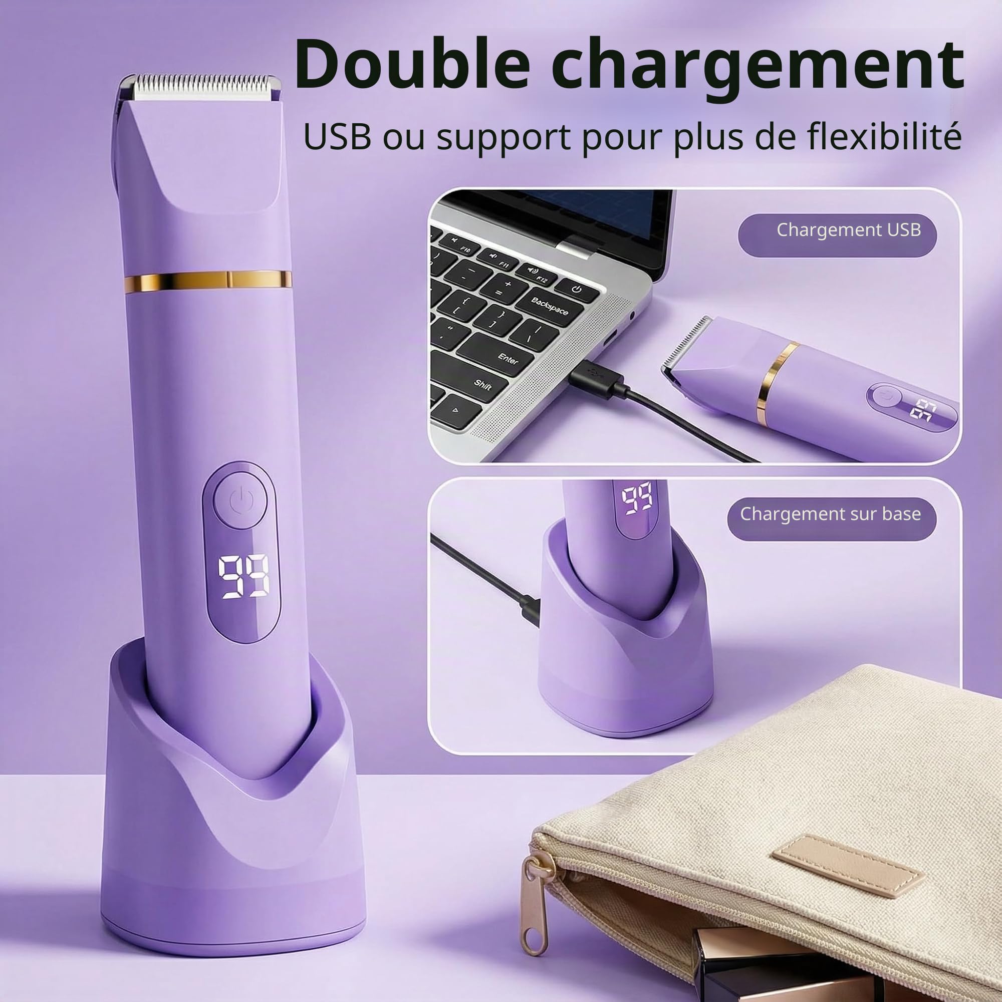 5 en 1 Rasoir Electrique Femme, Tondeuse Maillot humide/sèche, étanche IPX7, Tondeuse Femme Intime pour le visage, les aisselles, les jambes, les bras et le maillot (Violet)