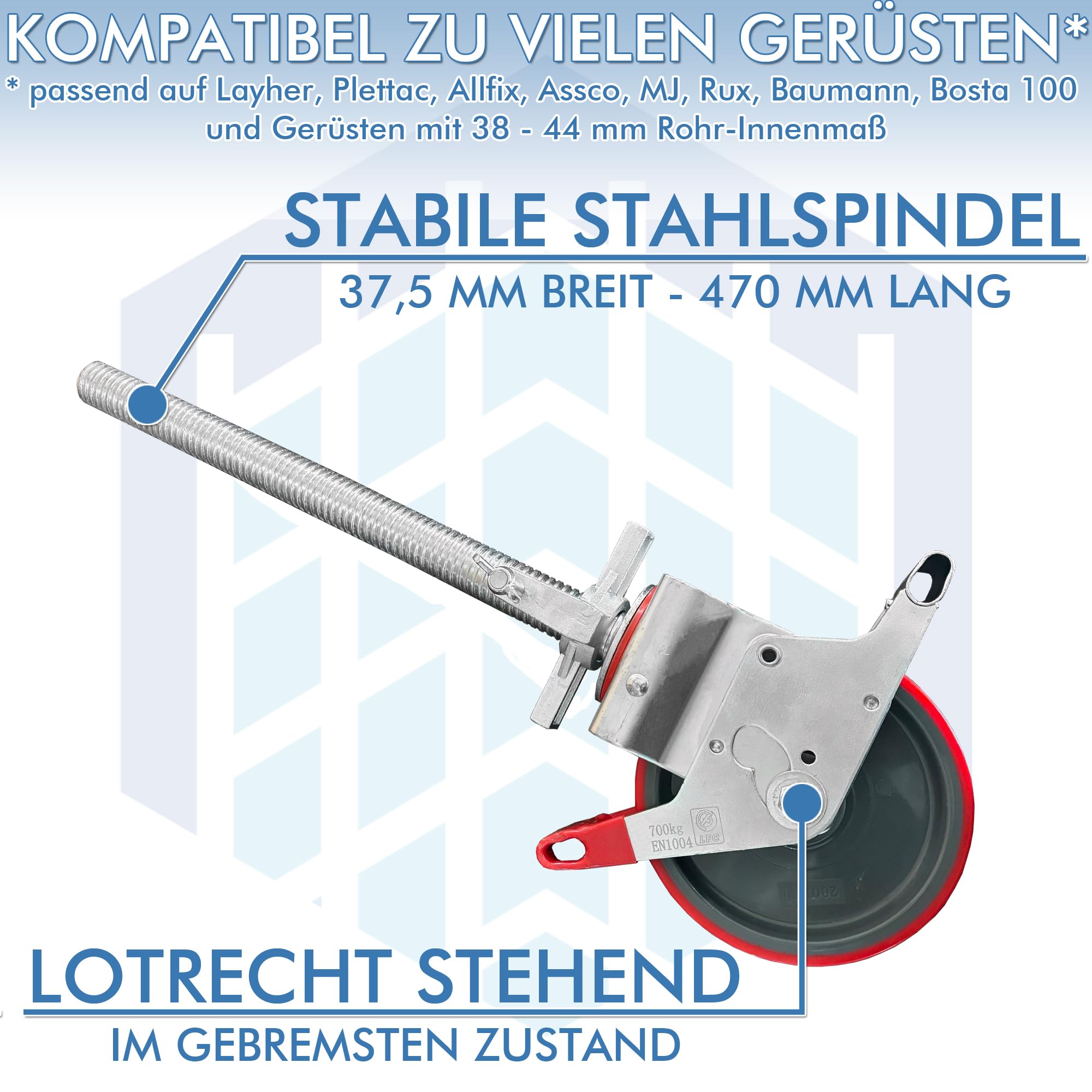 200 mm PU Gerüstrollen Set (4 Stück) LAYHER*-kompatibel mit Stahlspindel - Doppelt gebremst, lotrecht stehend