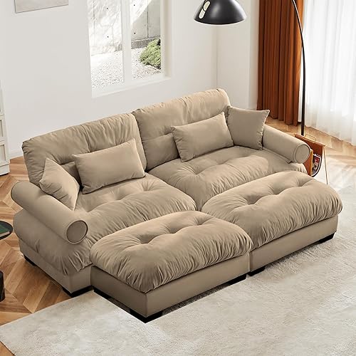 Loveseat Sofa 93.7" Modular Sectional Sofa, 2 Seater Modern Cloud Couch with Ottoman, Oversized Sectional Couches for Living Room, Comfy Velvet Sofas Deep Seat Couch with 4 Pillows, Camel