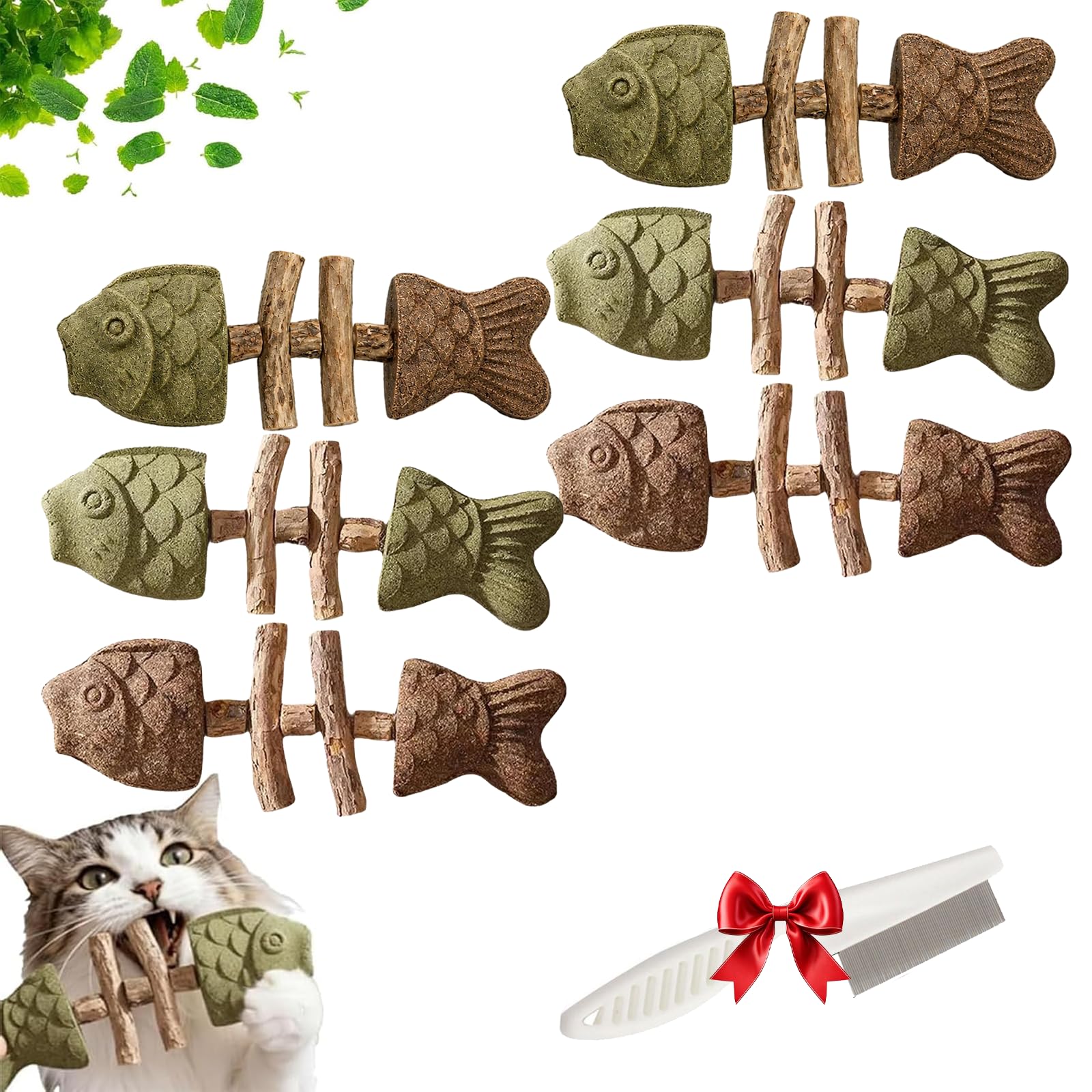 Catnip and Silvervine Chew, Fish Bone Cat Chew Toy with Natural Silvervine Sticks, Textured Dental Care Toy for Teeth Cleaning, Licking, Pawing, Boredom Relief, Indoor Kittens Adult Cats (Mix*6PCS)