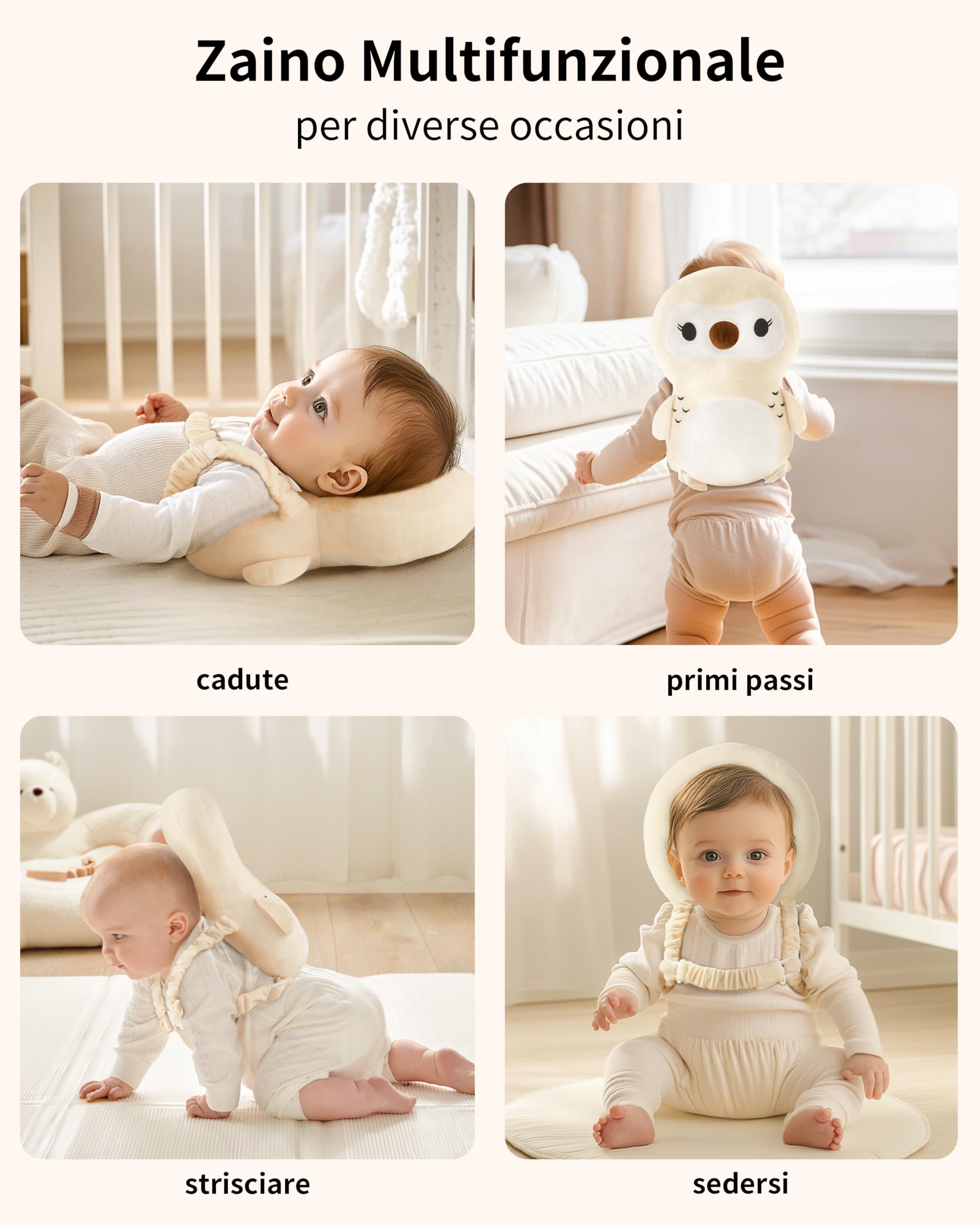 Fortella Protezione Testa Zaino Bambino Anticaduta Primi Passi 5-24M, Zainetto Protettivo Sicurezza Camminare, con Calzini e Ginocchiere Gufo