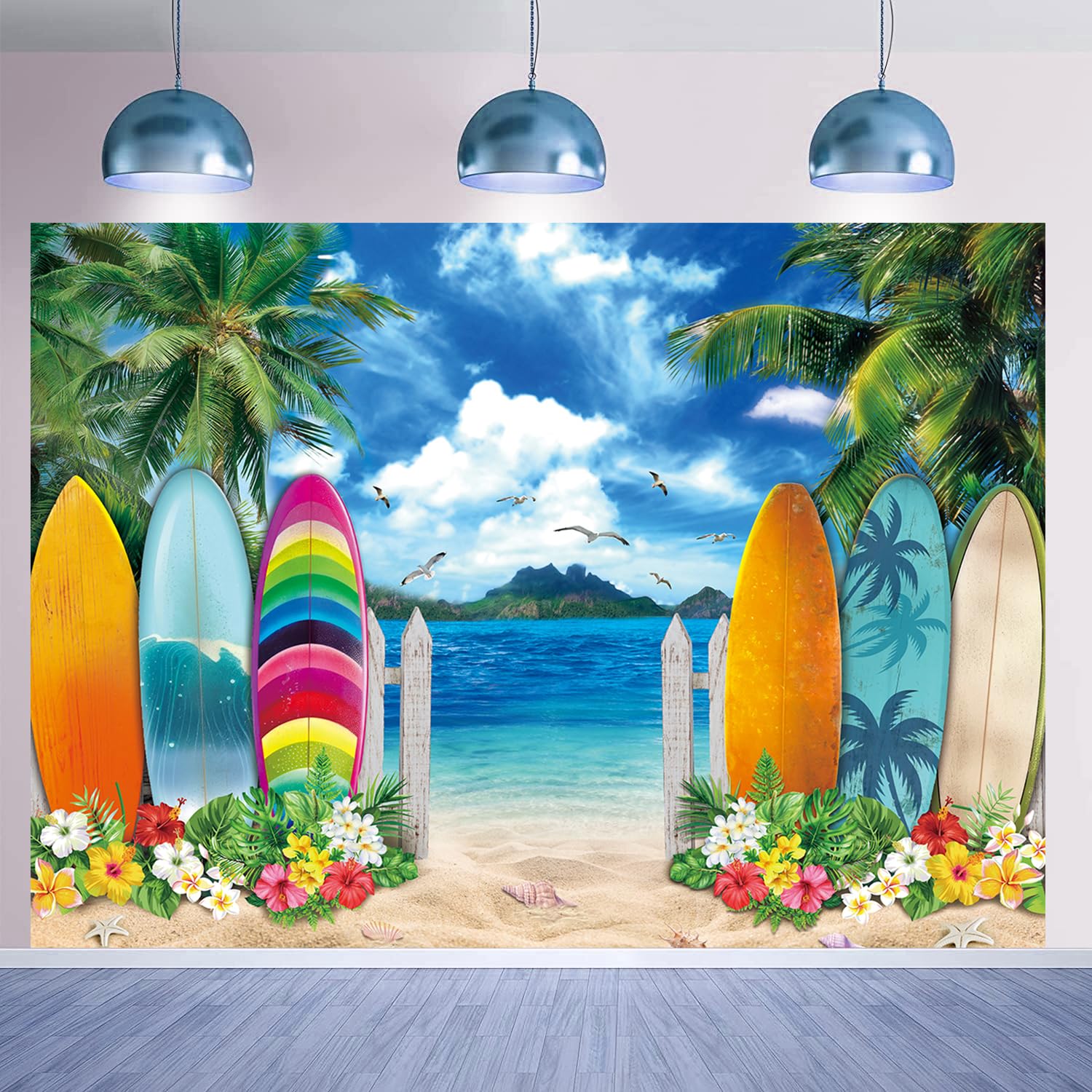 Summer Beach Backdrop 8x6FT Tropical Hawaiian with Palm Trees Surfboard Photography Background for Beach Party Decorations Supplies