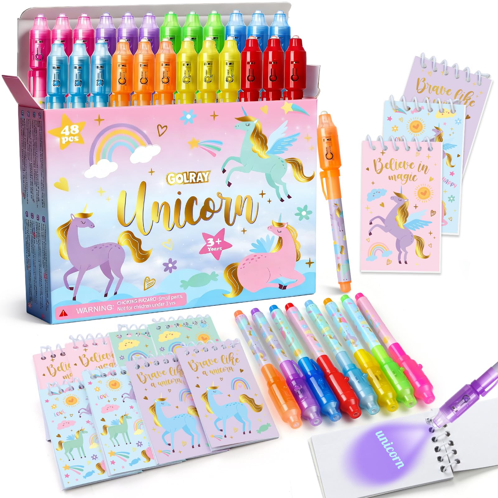 Toyssa 48Pcs Party Bag Fillers for Kids Include Invisible Ink Pen & Notebook, Pinata Filler Kids Party Favours Supplies Magic Pens Gifts for Boys Girls Birthday Christmas Classroom (Unicorn)