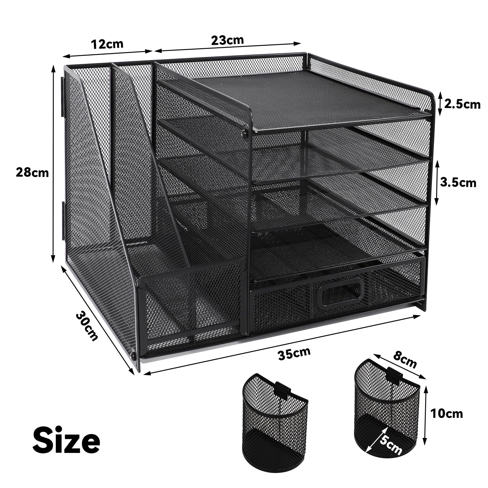 PLSOPPKG 5-laags papieren brievenbak met archiefhouder, metalen gaas bureaumap organizer met lade en 2 pennenhouder, multifunctionele tijdschriftenhouder voor thuiskantoor PLSOPPKG 5-laags papieren brievenbak met archiefhouder, metalen gaas bureaumap organizer met lade en 2 pennenhouder, multifunctionele tijdschriftenhouder voor thuiskantoor